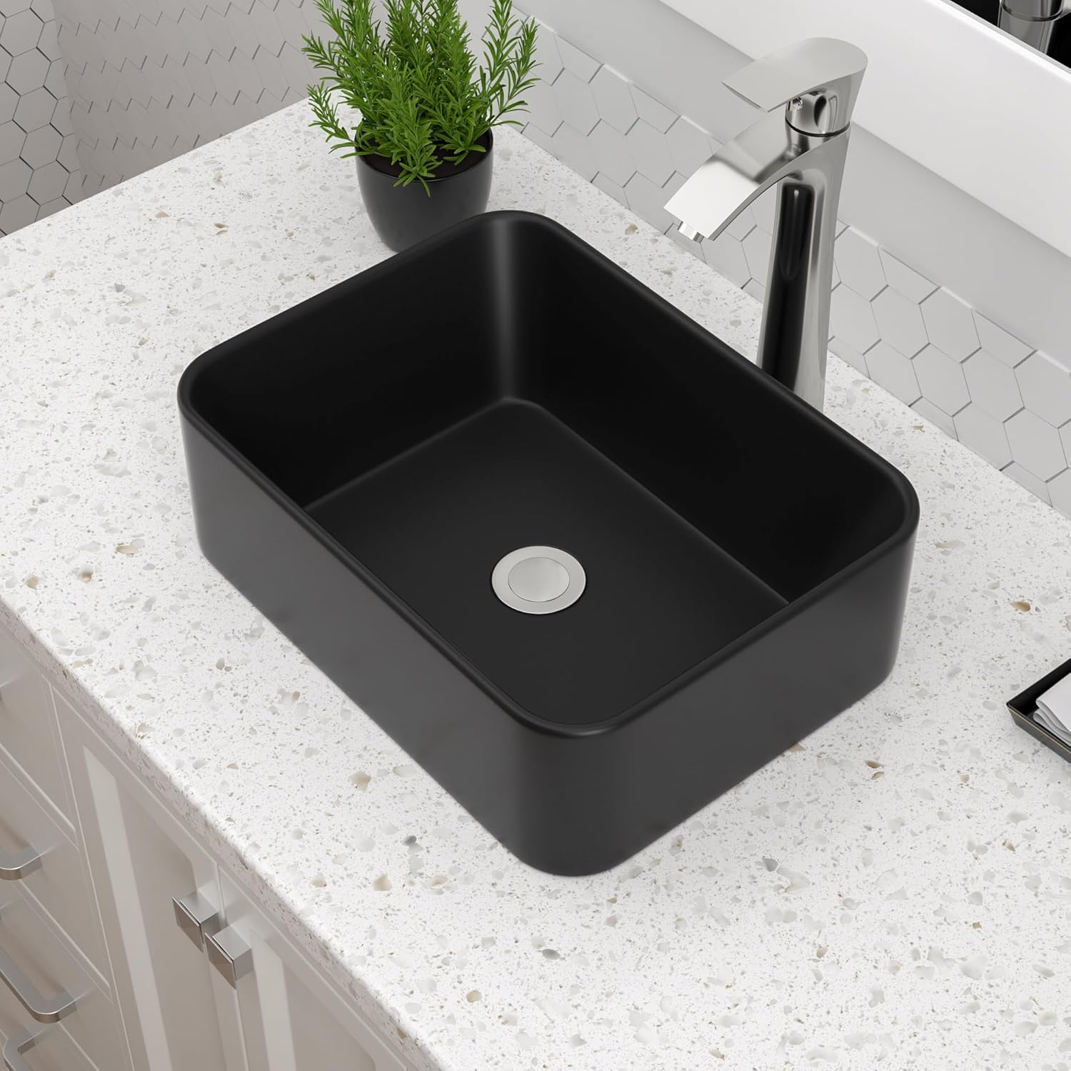 Dcolora – Fregadero rectangular negro de 16 x 12 pulgadas, color negro mate, lavabo rectangular sobre mostrador de porcelana de cerámica