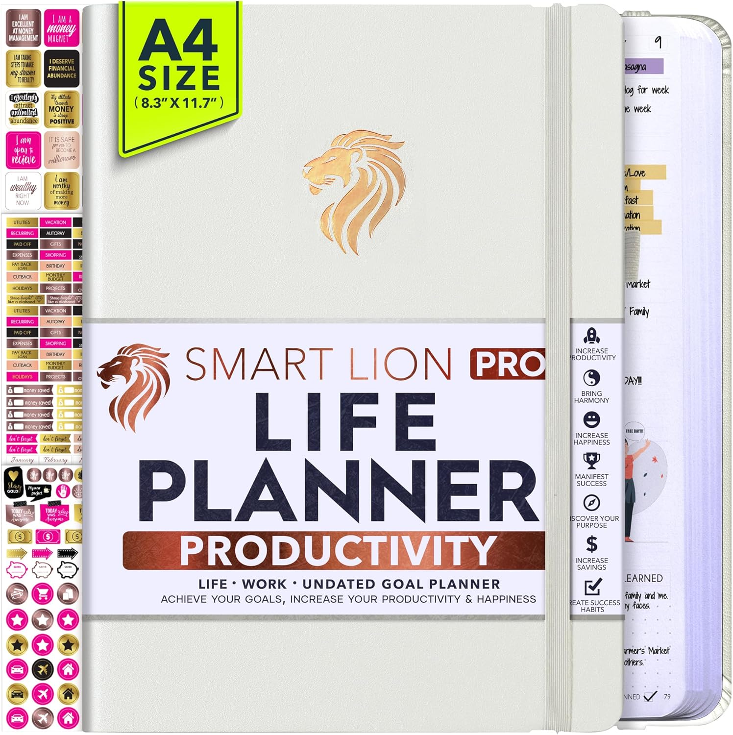 Agenda de vida y trabajo, tamaño A4, planificador de objetivos de 12 meses y planificador de productividad para aumentar la felicidad, planificador
