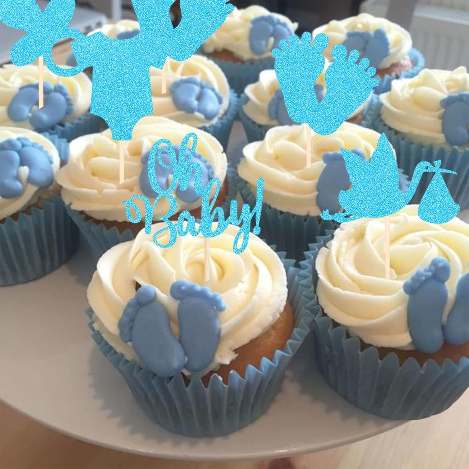 Paquete de 30 decoraciones para cupcakes con purpurina para baby shower, para niños, para chupete, pies, revelación de género, para pasteles,