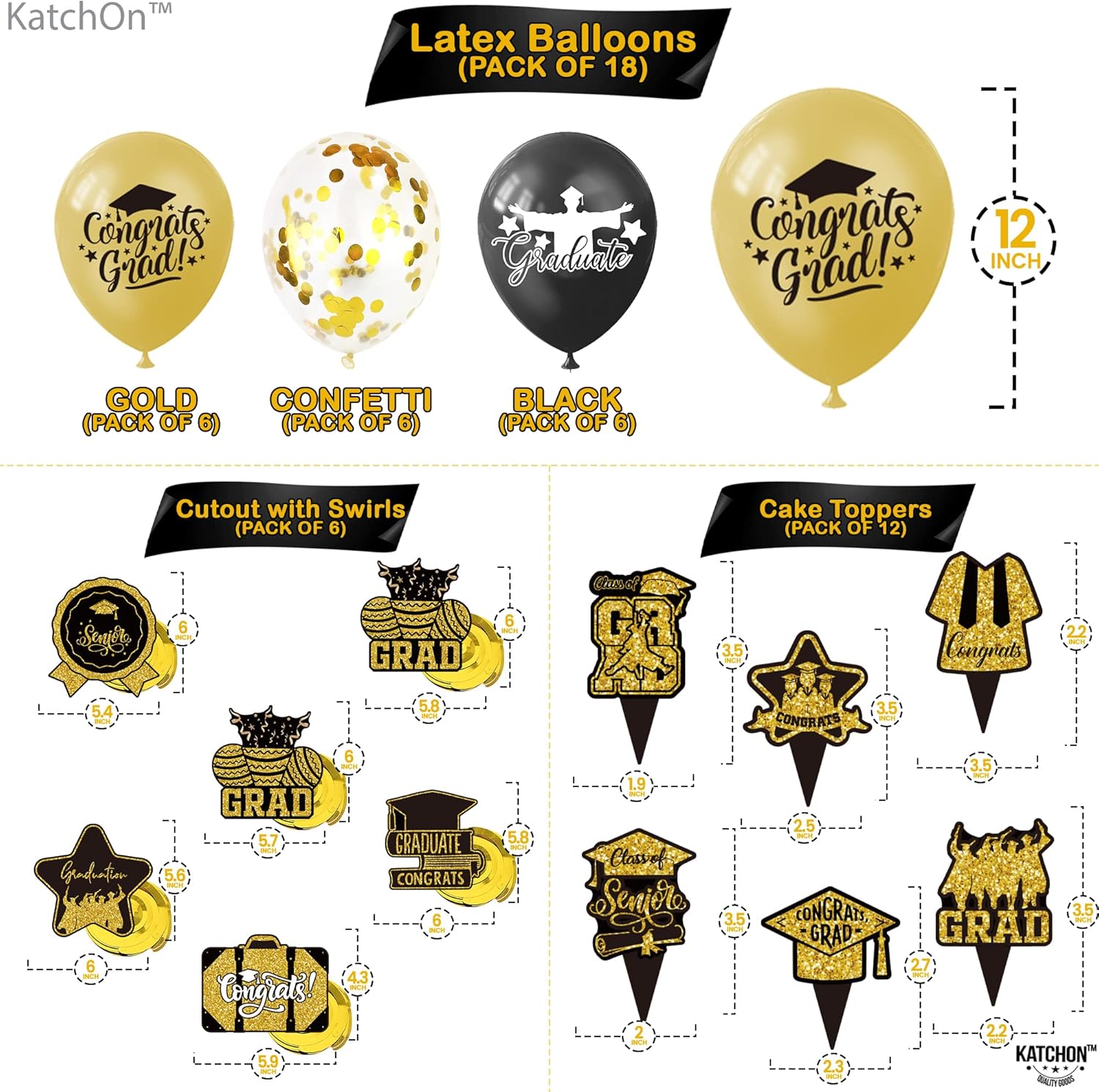 KatchOn, Suministros para fiesta de graduación en negro y dorado, paquete de 37, juego de felicitaciones para decoraciones de graduación negras y