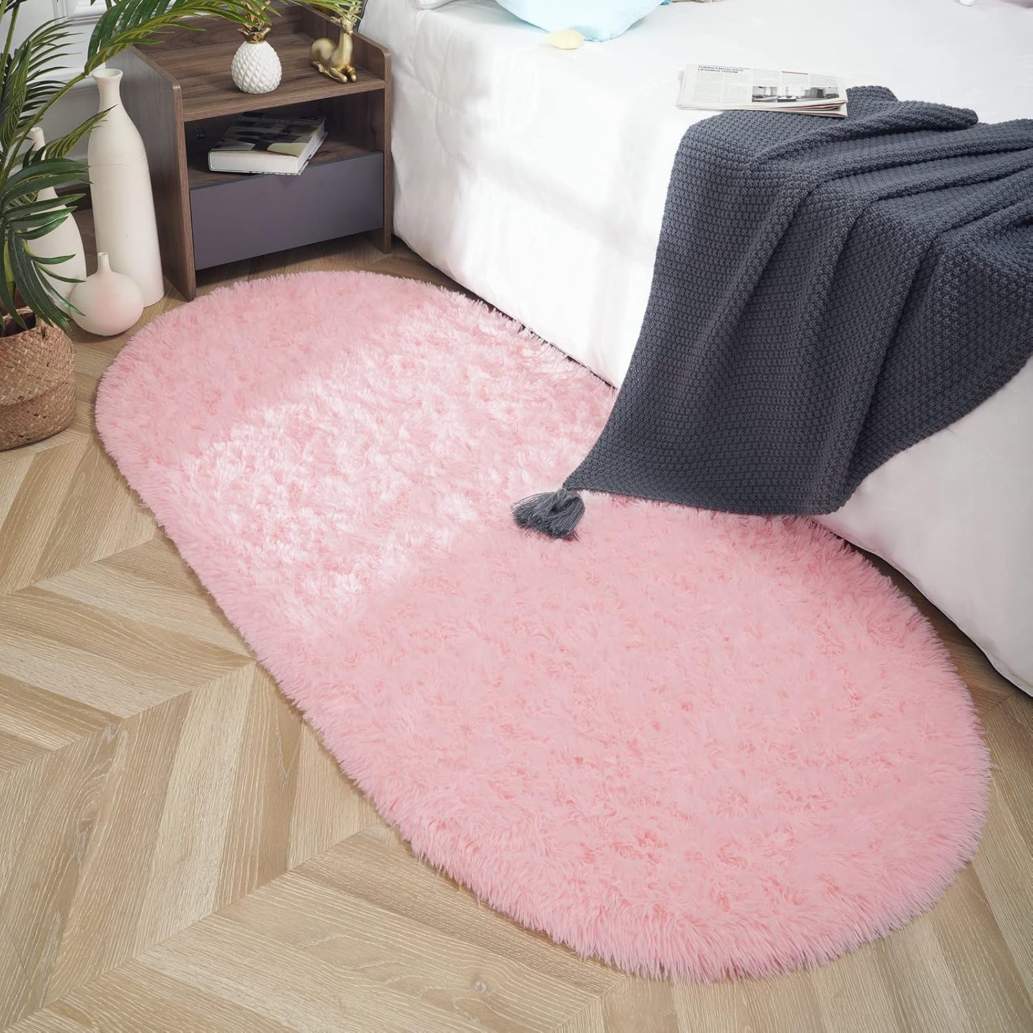 ISEAU Alfombra ovalada esponjosa, moderna alfombra de felpa lanuda para dormitorio de niños, extra cómoda, bonita alfombra de noche para habitación