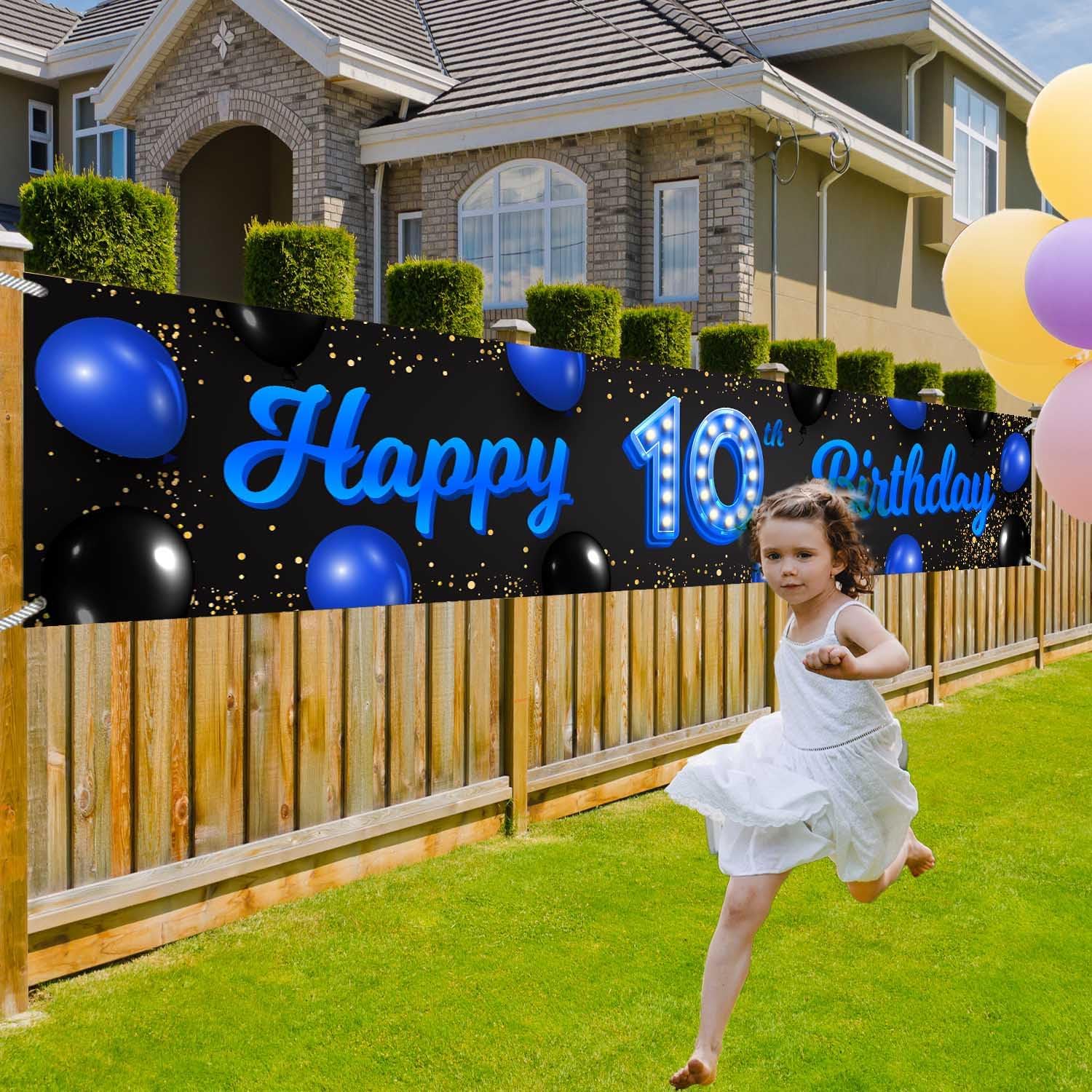 Cartel azul y negro de feliz cumpleaños número 10 años de edad, globos de confeti, decoración temática para niñas de 10 años, suministros de