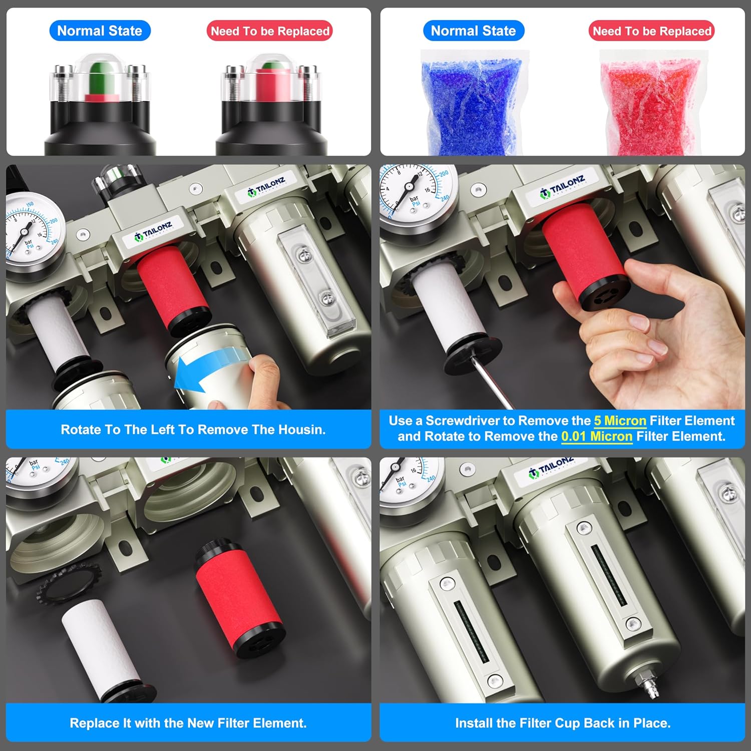 TAILONZ PNEUMATIC 0-240PSI Sistema de secado de aire de tres etapas de grado industrial NPT de 34 pulgadas, filtro de partículas, filtro