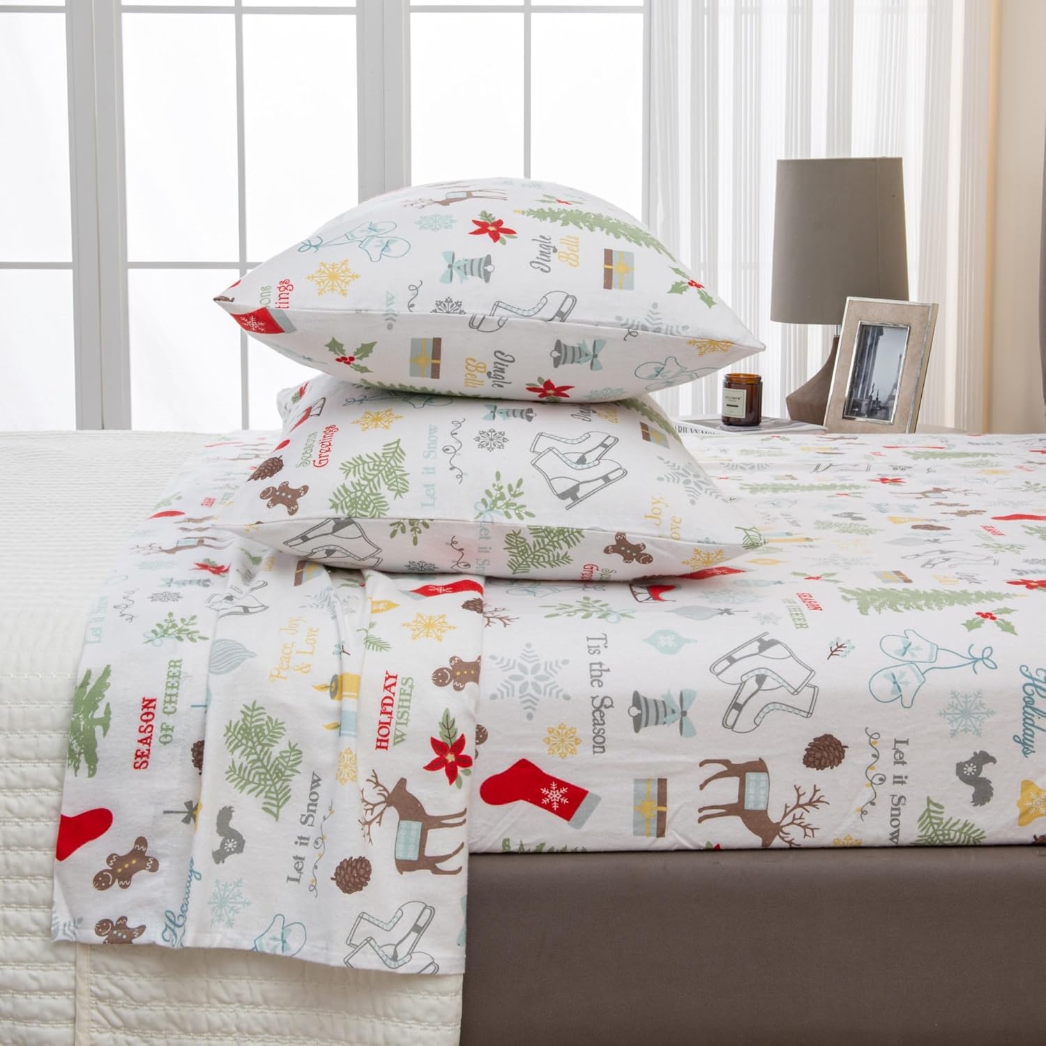 Great Bay Home Juego de sábanas de Navidad de franela de algodón turco 100 %, bajera con gran caída lateral, suaves, para tener una cama cálida,