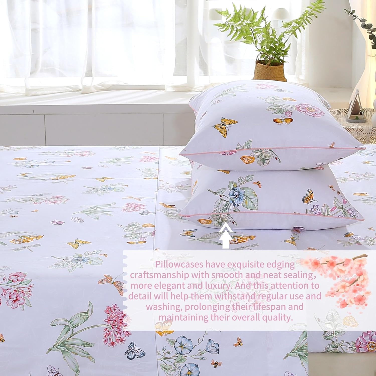 RYNGHIPY Juego de sábanas de algodón egipcio, tamaño King, diseño de flores botánicas de jardín, mariposas, con fundas de almohada, ultra suaves y
