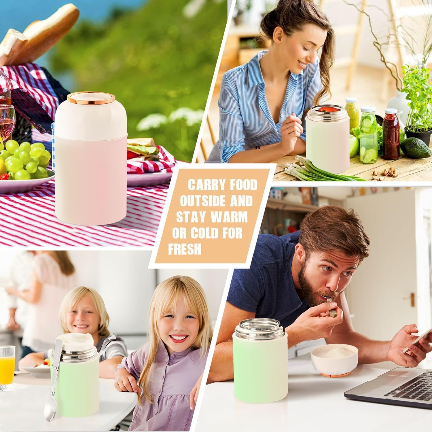 Tarro de comida degradado verde y rosa con cuchara de acero inoxidable aislado al vacío contenedor de alimentos de 17 oz frasco de alimentos para