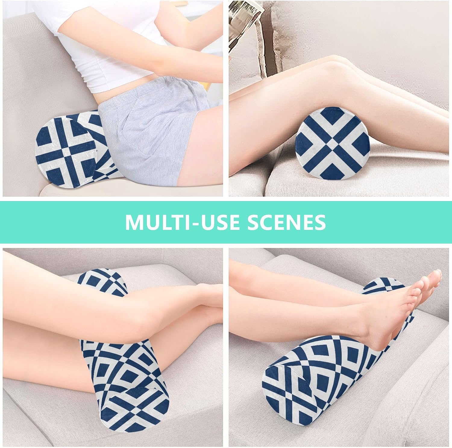KLL Abstract Zigzag and Rhombus Blue Round Cervical Roll Bolster Pillow Neck Roll Pillow Decorative Soft Round Pillow Cylinder Neck Roll Pillow