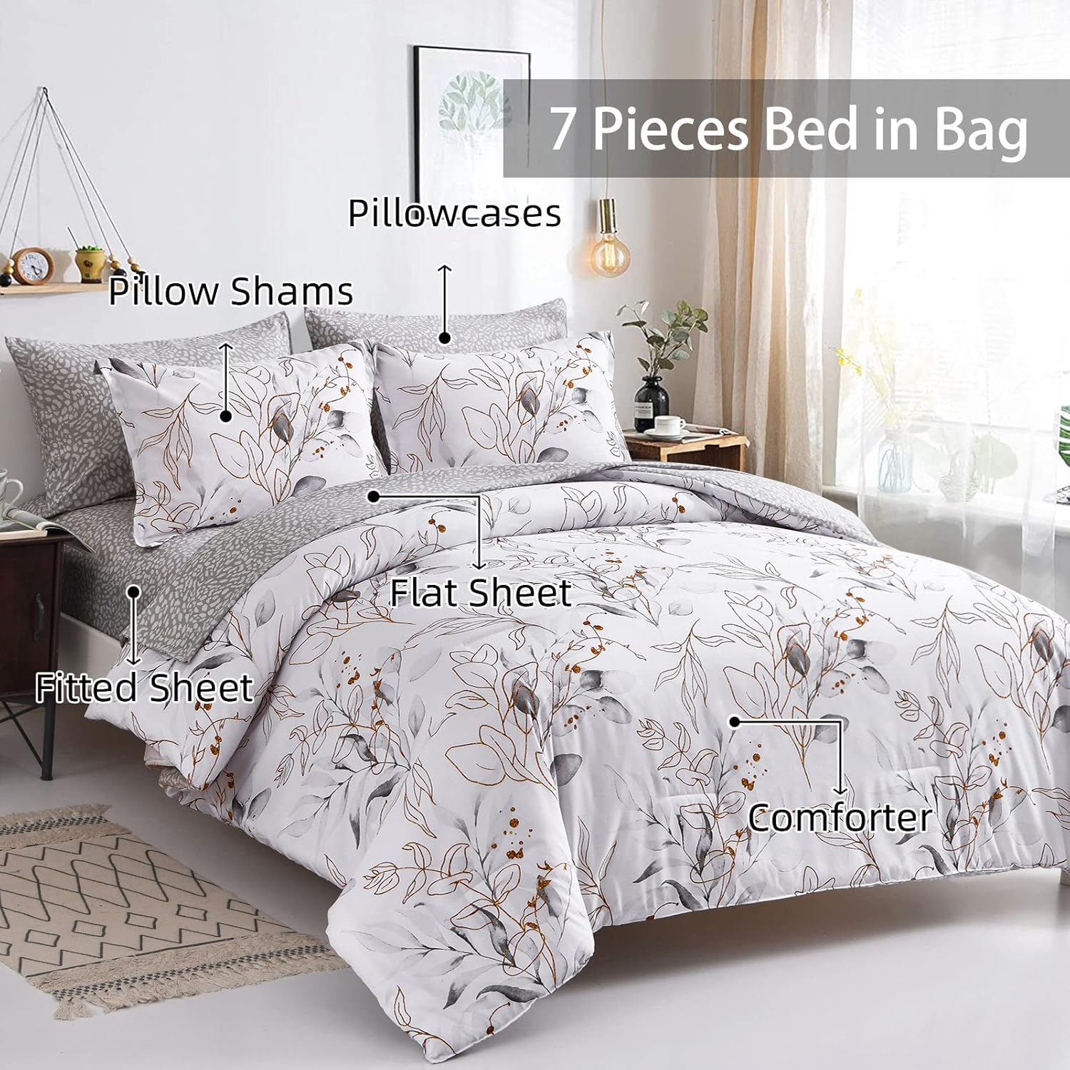 WONGS BEDDING Juego de edredón botánico de 7 piezas, tamaño matrimonial, diseño floral reversible en una bolsa, color gris y dorado con hojas (1