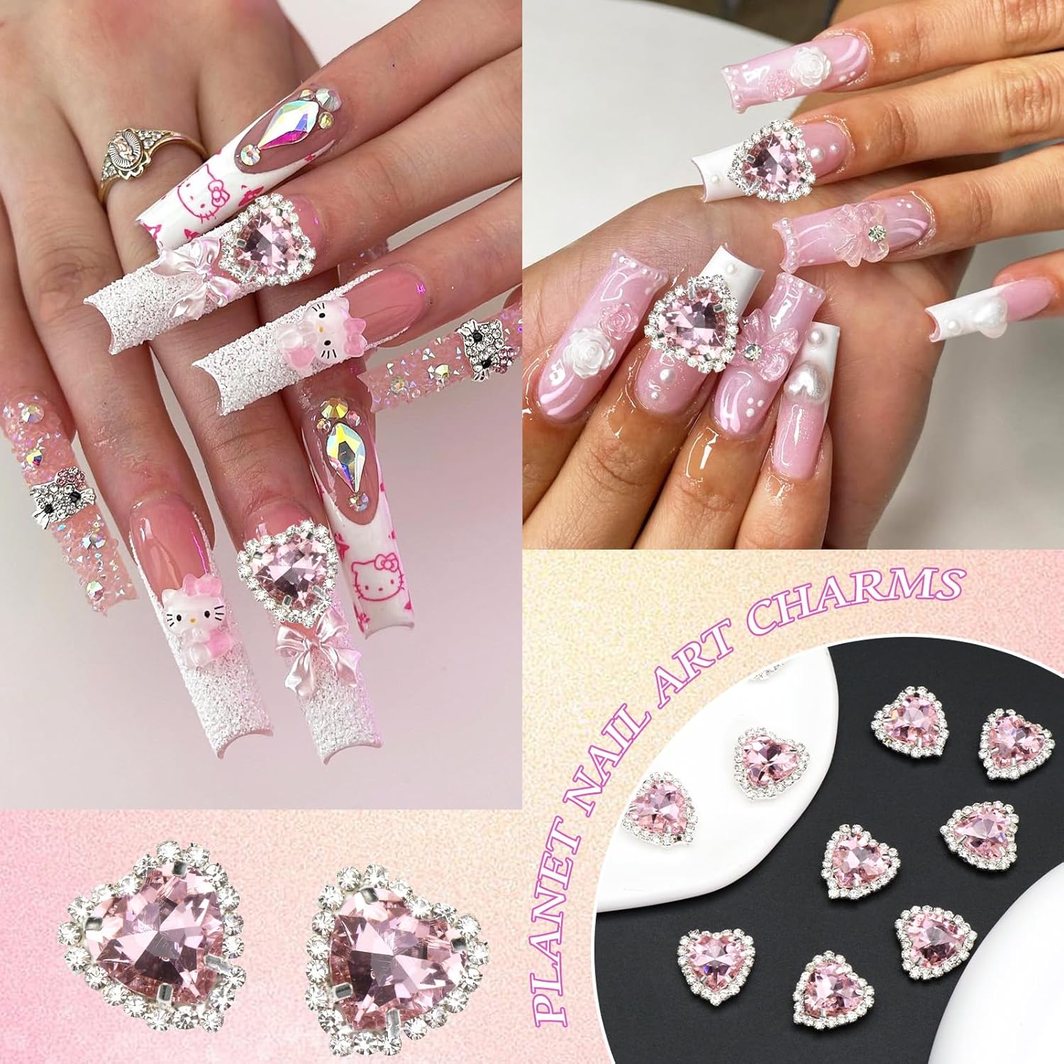YAEISM Dijes de arte de uñas de corazón de 0.472 pulgadas, 10 piezas de diamantes de imitación de cristal 3D, dijes de uñas de diamante rosa