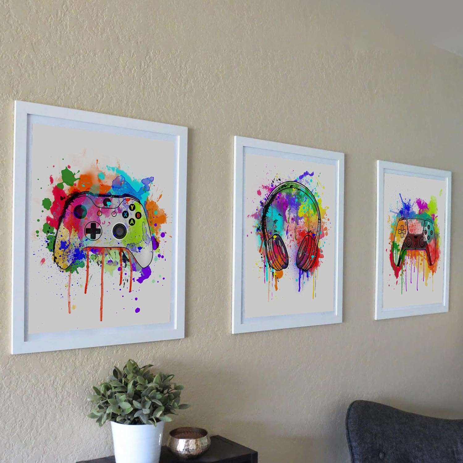 HerZii Prints Juego de 3 pósteres de acuarela para juegos (8 x 10), decoración de pared de habitación de niños para dormitorio, accesorios de sala