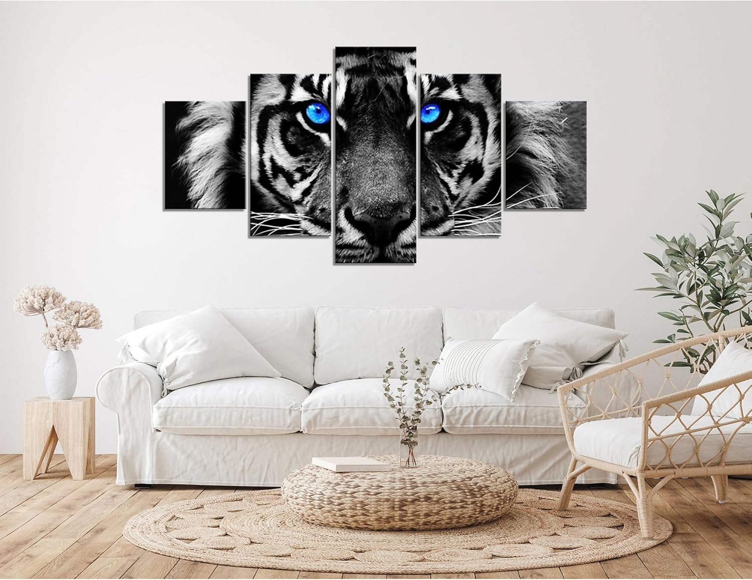 Lienzo decorativo para pared, diseño de tigre de ojos azules, decoración de pared de tigre de ojos azules, imagen de tigre azul, blanco y negro,