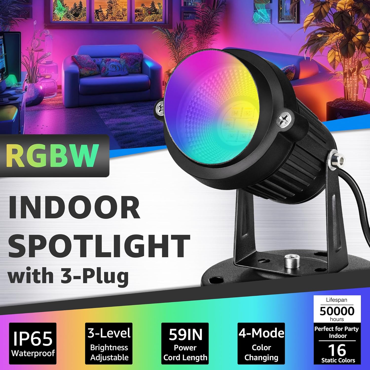 SUNVIE RGBW – Luces de punto para interiores de 6 W con control remoto, 16 luces que cambian de color para interiores de 120 V, focos LED de