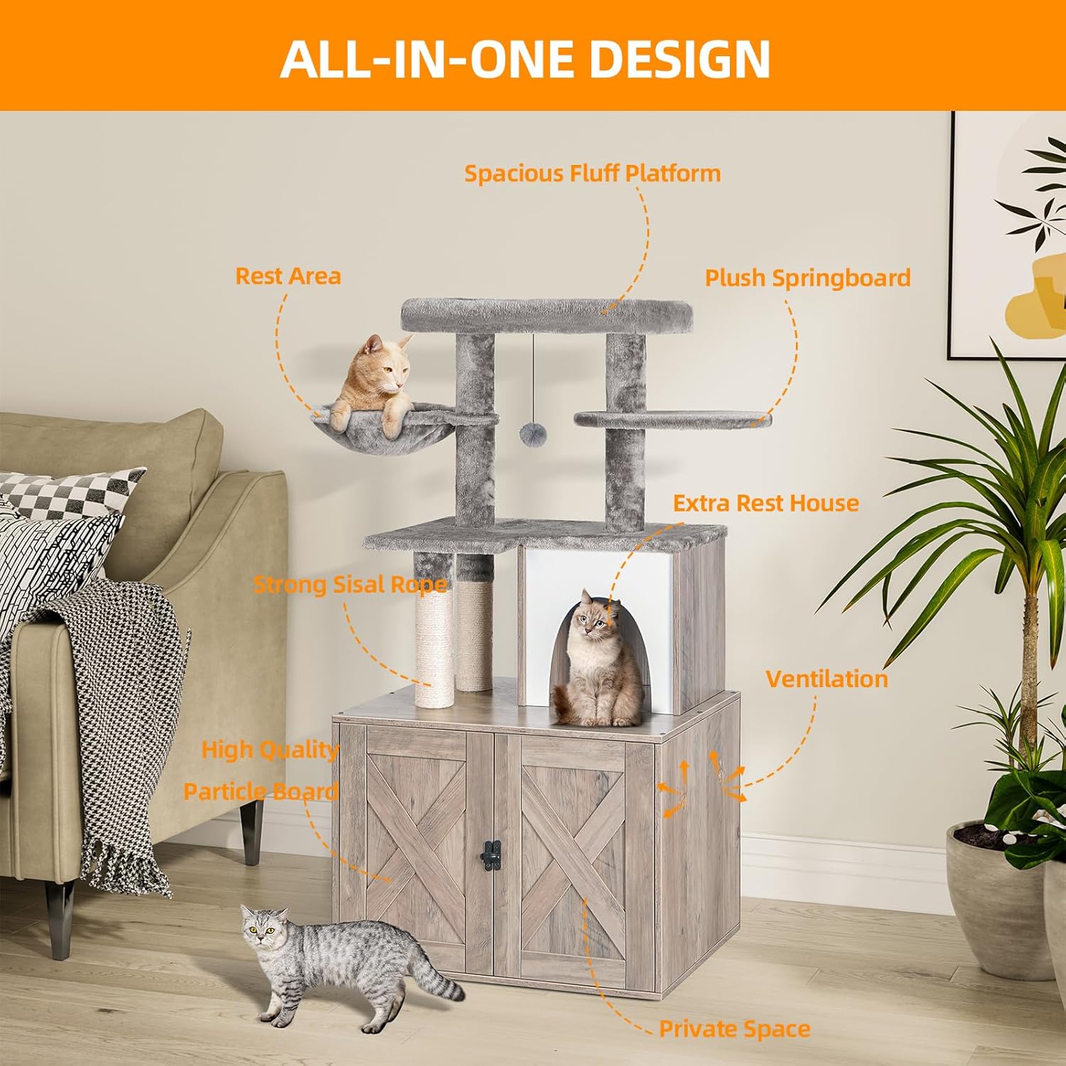 Snughome Caja de arena para gatos con torre de árbol para gatos y condominio, muebles ocultos para baño para gatos con poste rascador de sisal y