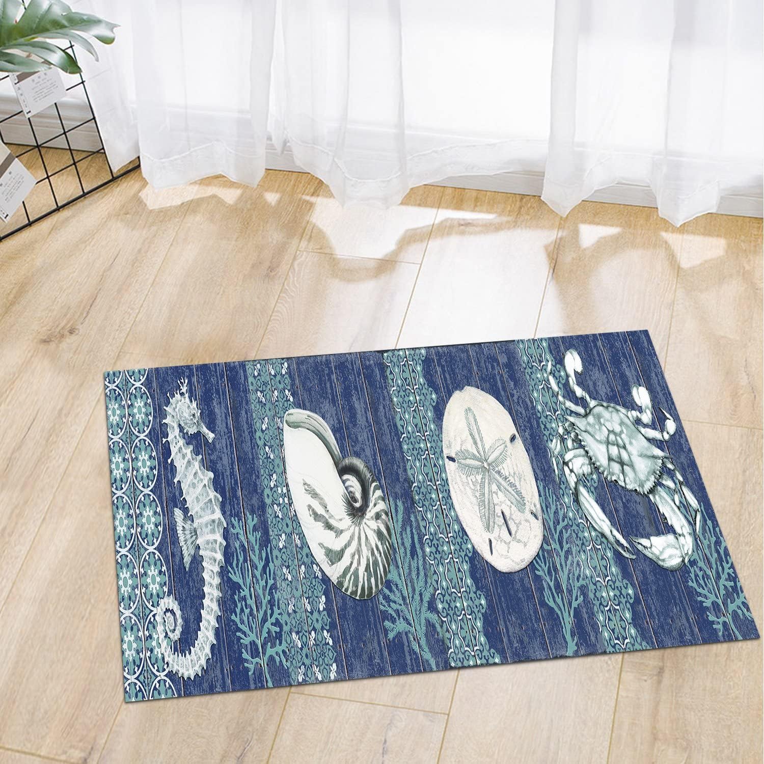 GUBIYU Alfombra rústica costera, alfombra de área de playa con océano, color azul marino, tapete para baño, tapete antideslizante para sala de