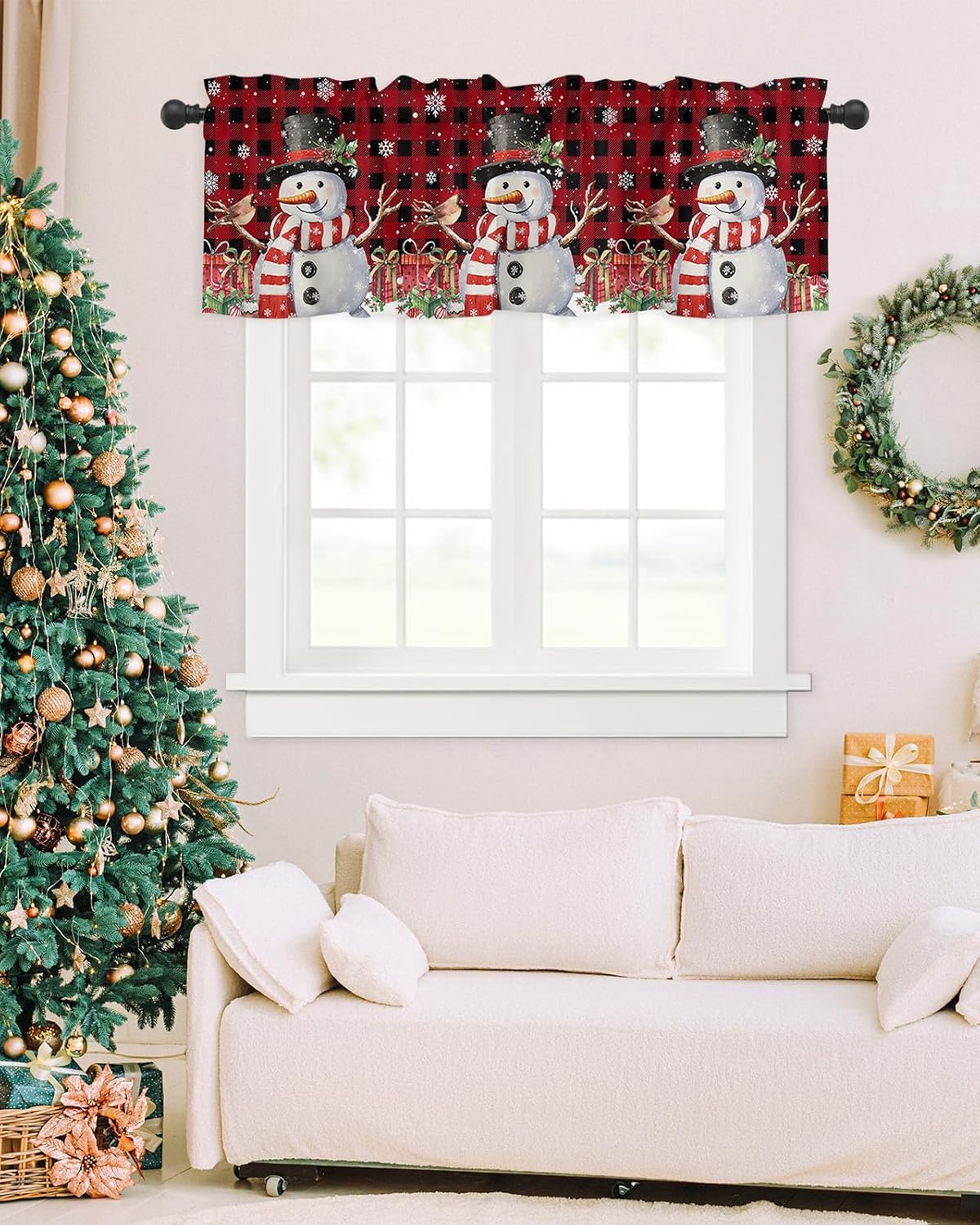Cenefa de cocina de muñeco de nieve de Navidad, cenefas de ventana de búfalo rojo y negro, cortinas cortas con bolsillo para barra, cenefas de