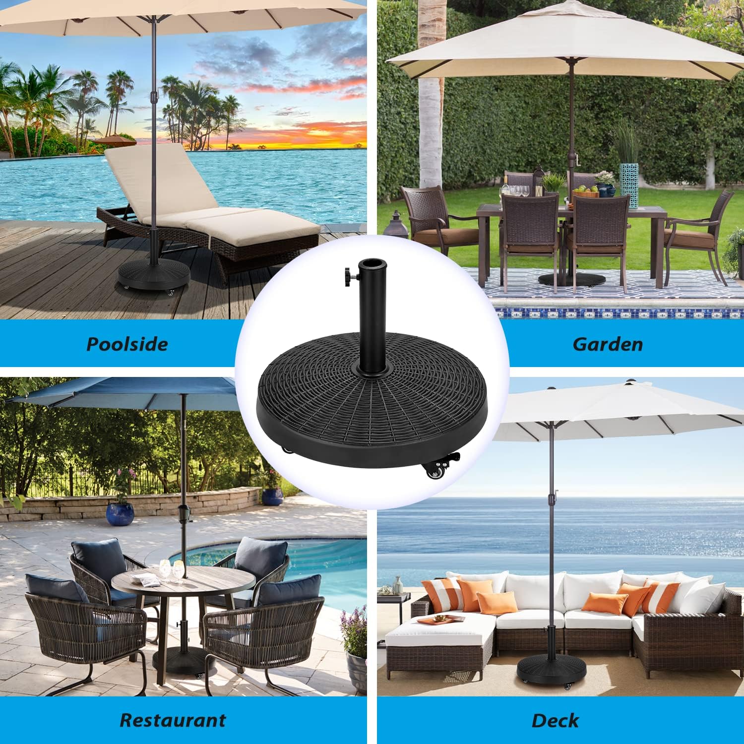 EROMMY Base de sombrilla de 52 libras, soporte de paraguas con ruedas frenables, base de sombrilla de patio resistente para exteriores de 1.5 a 1.89