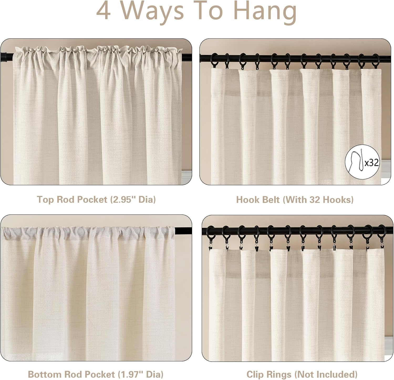 DUKIYO Cortinas de lino natural de 63 pulgadas de largo para dormitorio, cocina, lavandería, cinturón rústico con gancho para barra, cortinas