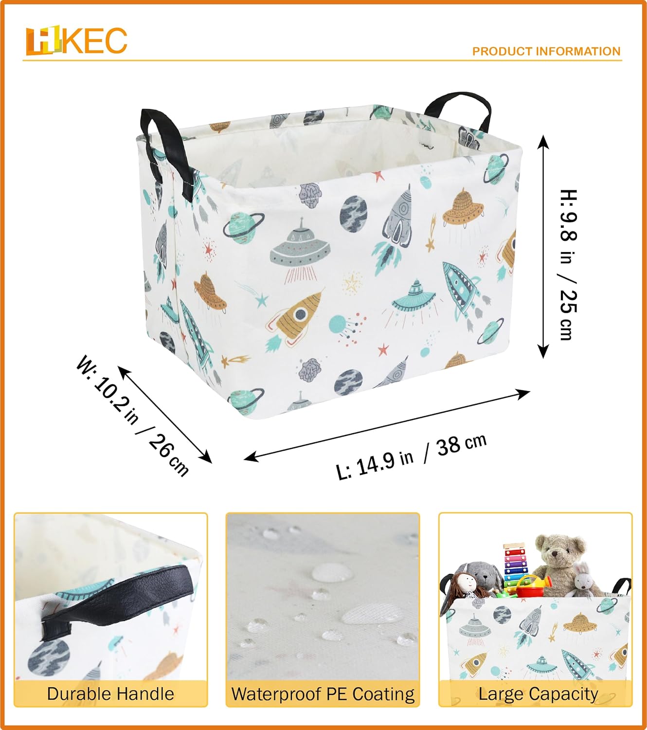 HKEC Cesta de almacenamiento rectangular con asas, caja de almacenamiento plegable para juguetes para niños, lindo contenedor organizador de lona