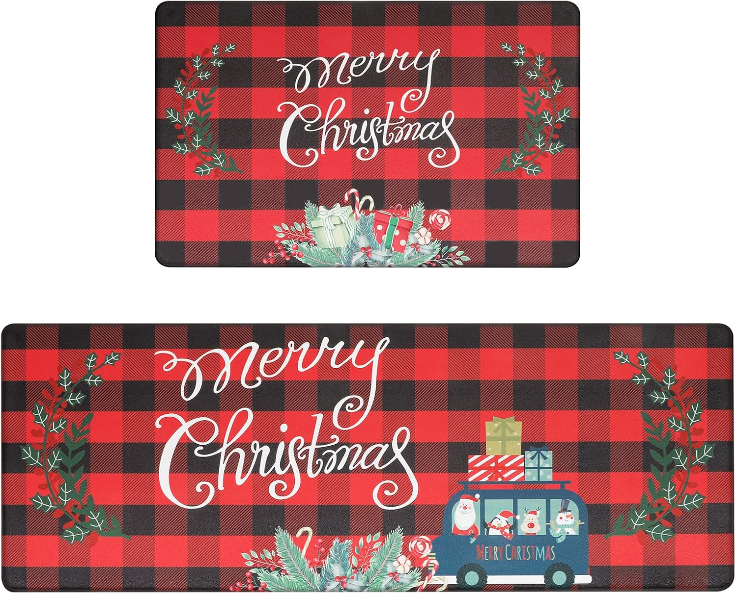 Pauwer Juego de 2 alfombras de cocina con texto en inglés “Merry Christmas”, tapetes de cocina con diseño de búfalo rojo, antideslizantes,