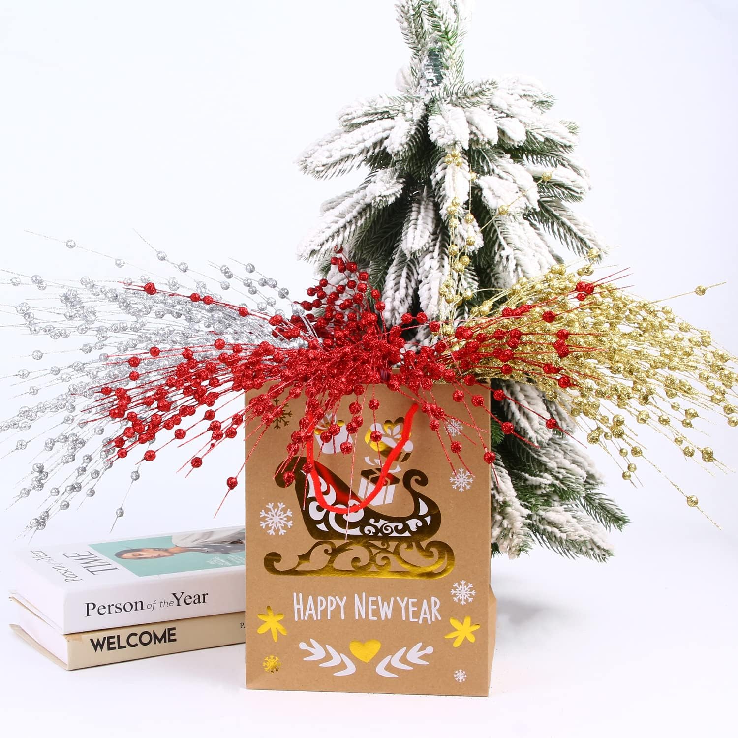 CCINEE Adornos de tallo de bayas artificiales rojas con purpurina, paquete de 10 púas de Navidad falsas de 19.7 pulgadas, palitos de cuentas