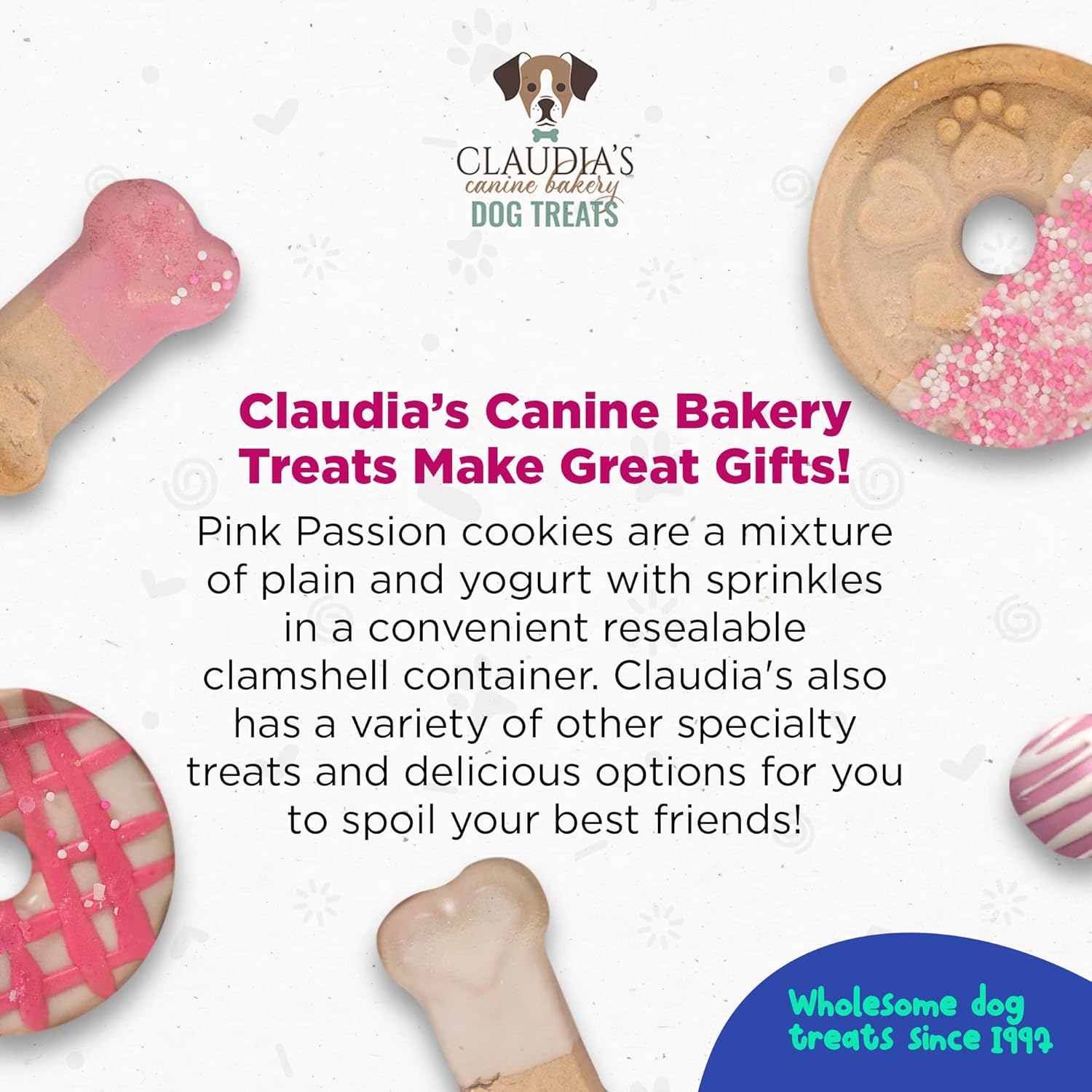 Claudia’s Canine Bakery Pink Passion Surtido de galletas gourmet para perros, 7 onzas