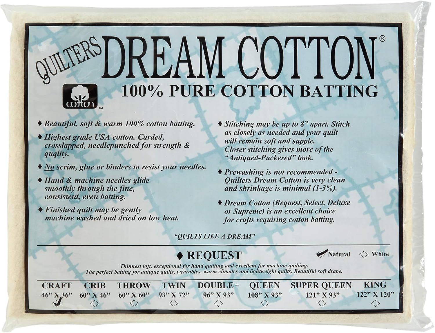 Quilters Dream algodón Natural solicitud de bateo (46″ x 36″) Craft