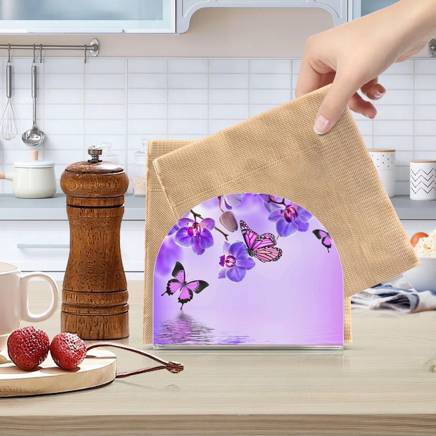 Servilletero para mesa con diseño floral de mariposa acrílica, soporte de servilleta de papel, soporte de mesa independiente para cocina,