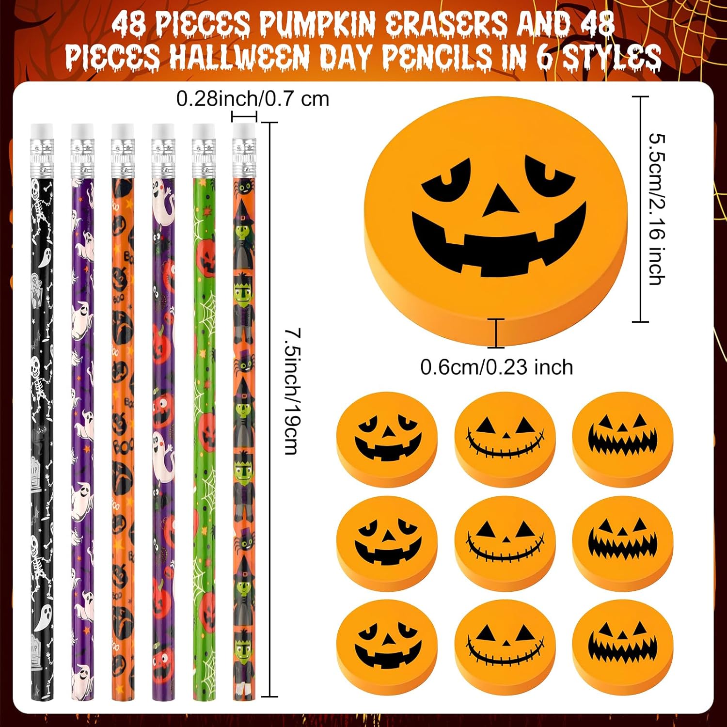 48 lápices de Halloween con 48 piezas de borradores de calabaza 3D a granel para niños, estudiantes, bolsas de regalo, regalos para oficina,