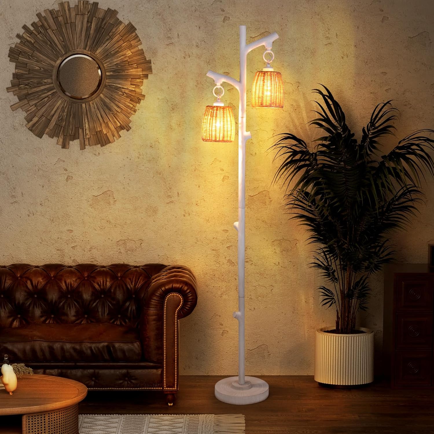 Tangkula Lámpara de pie de granja, 65 pulgadas de alto, casa de campo rústica, 2 luces regulables, lámpara de pie de ratán de árbol, columna de