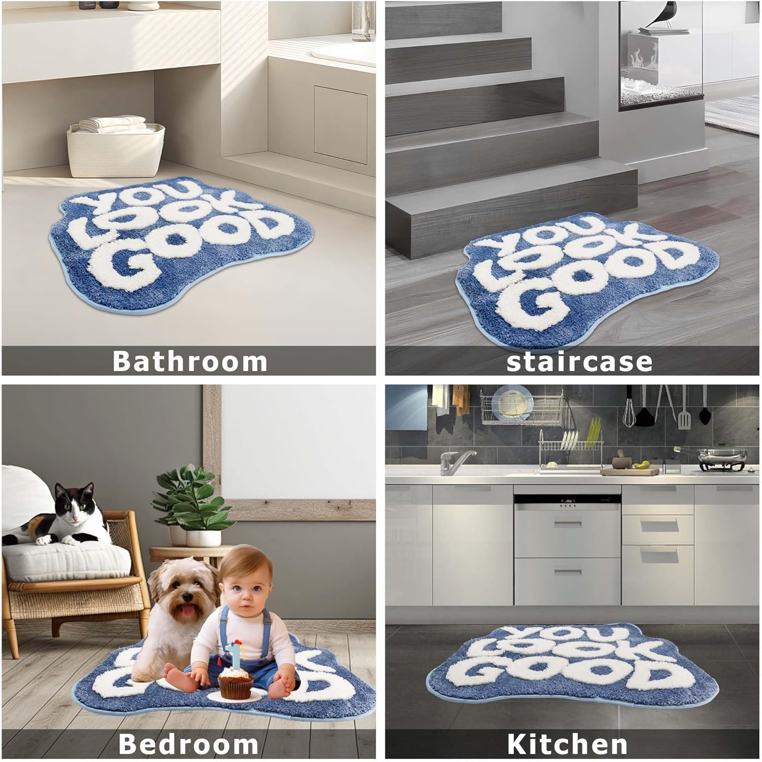 Oturgor Alfombra de baño con texto en inglés “You Look Good”, alfombra de baño azul y blanca, bonita alfombra antideslizante para ducha, absorbente,