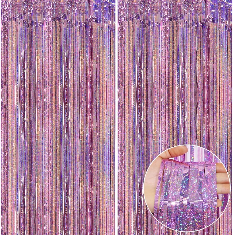 Cortina de flecos rosa de 6.6 x 6.6 pies, paquete de 2 cortinas de papel de aluminio con purpurina rosa, telón de fondo de flecos para fiestas,