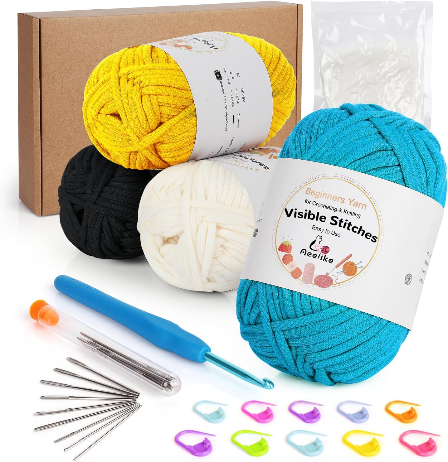 Aeelike – Hilo para principiantes para ganchillo y tejer, 350 yardas (4 x 1.76 oz), hilo suave de mezcla de algodón y nailon, fácil de usar para