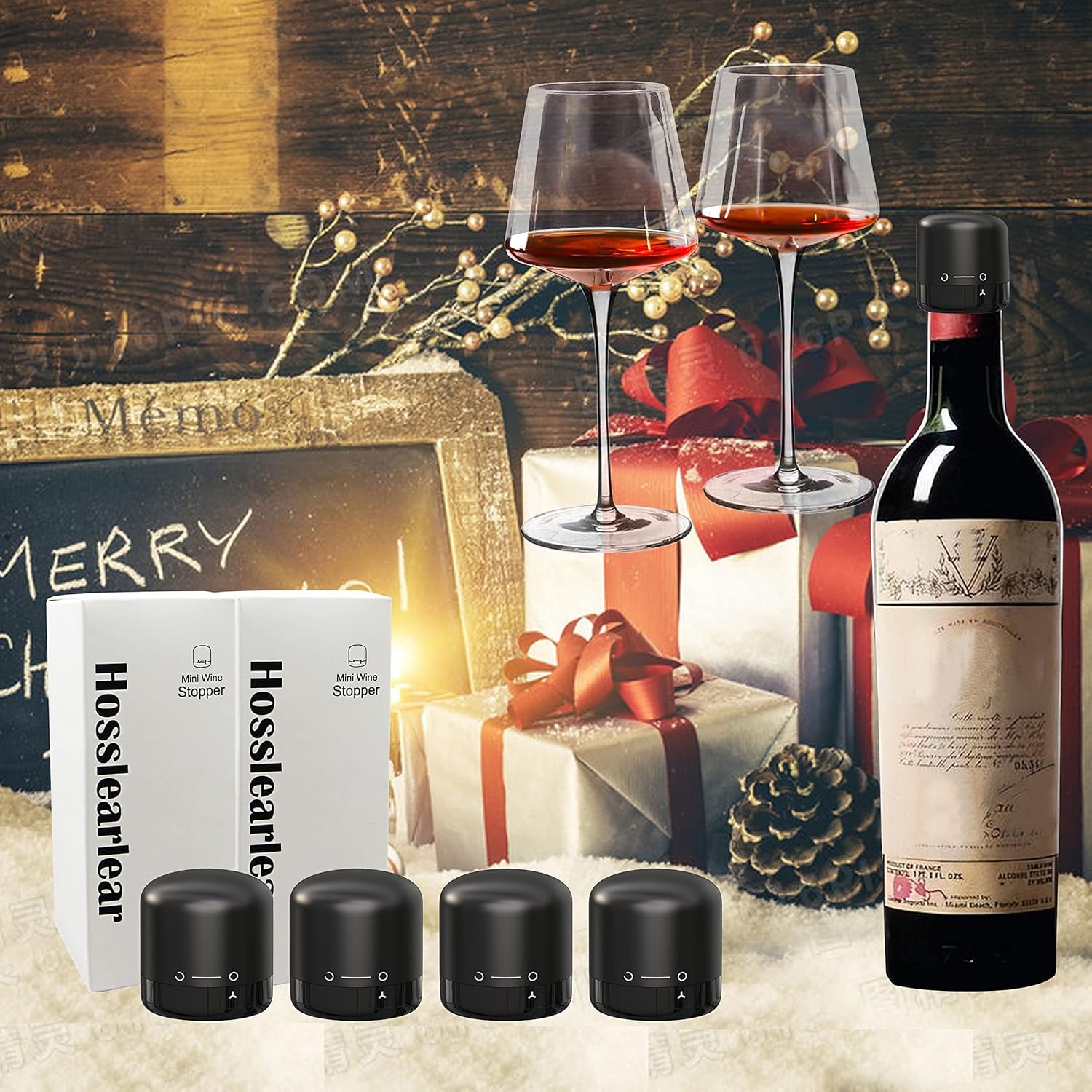 Hosslearlear – Paquete de 4 tapones de vino con cerradura giratoria, sellador de corcho de vino reutilizable, accesorios de vino, regalo para los