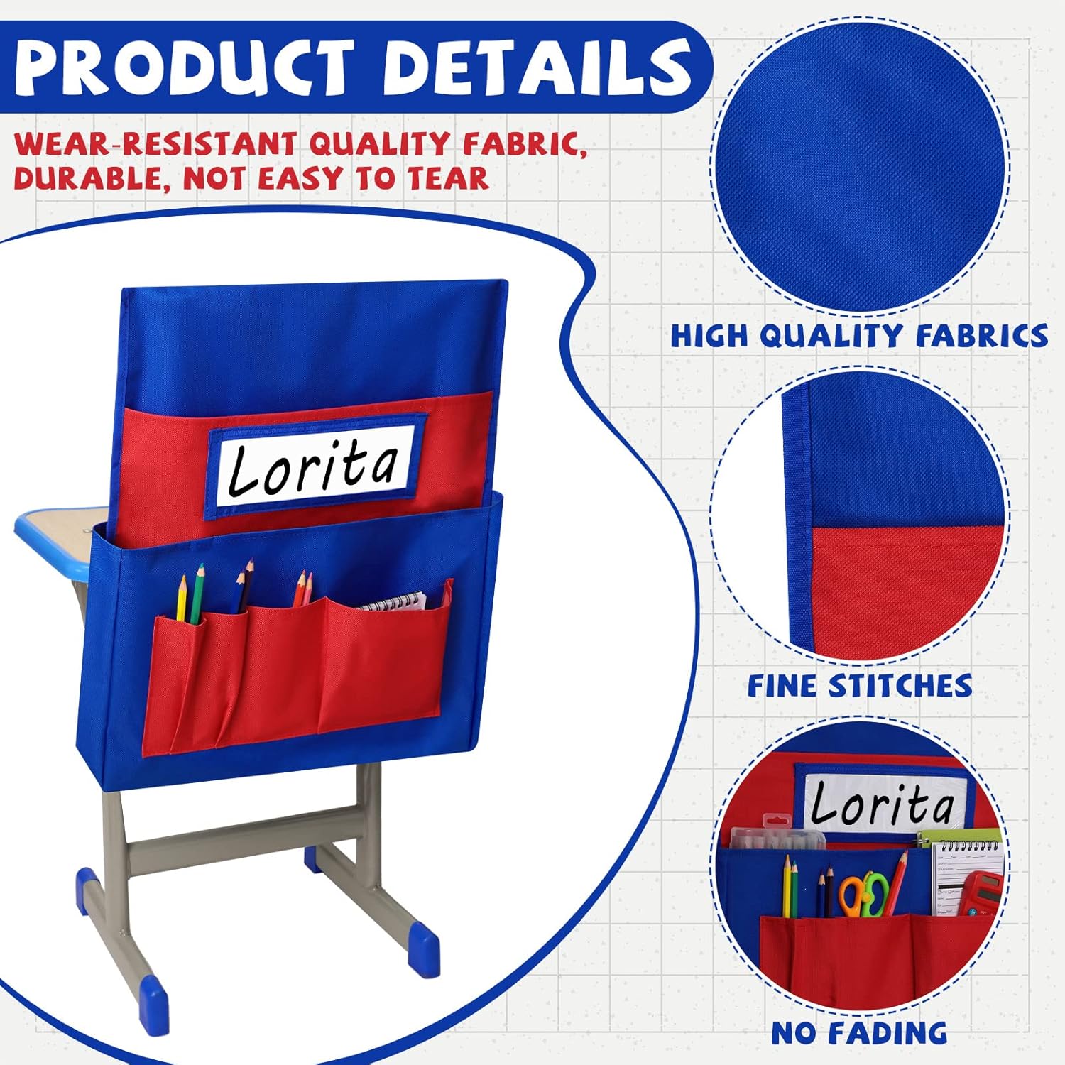 Panelee 20 bolsillos para sillas para aulas, organizador de respaldo de asiento con ranura para nombre y bolsas de almacenamiento, bolsa para silla