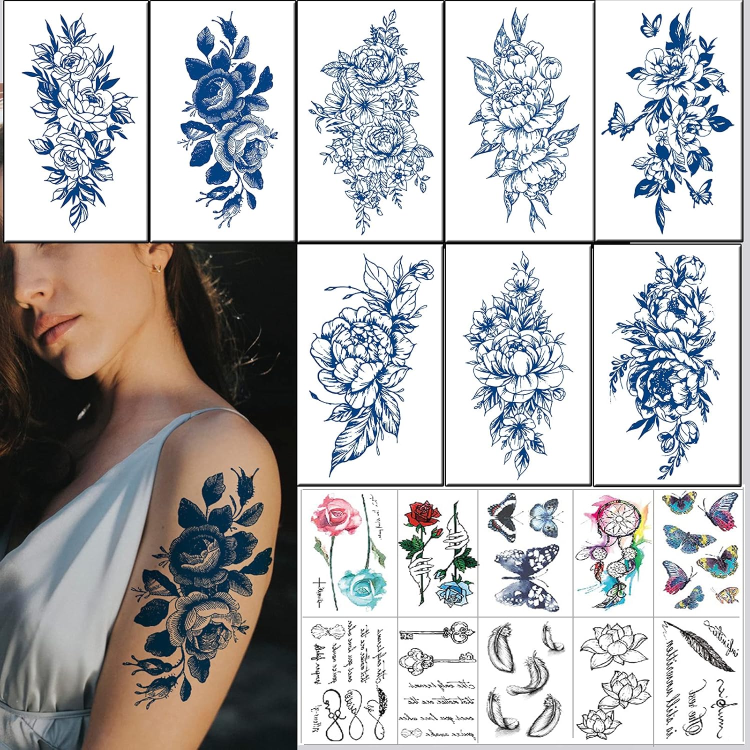 Tatuajes semipermanentes de 2 semanas, 8 hojas grandes que duran 1-2 semanas de tatuajes para mujeres y niñas, 10 hojas de calcomanías de tatuaje