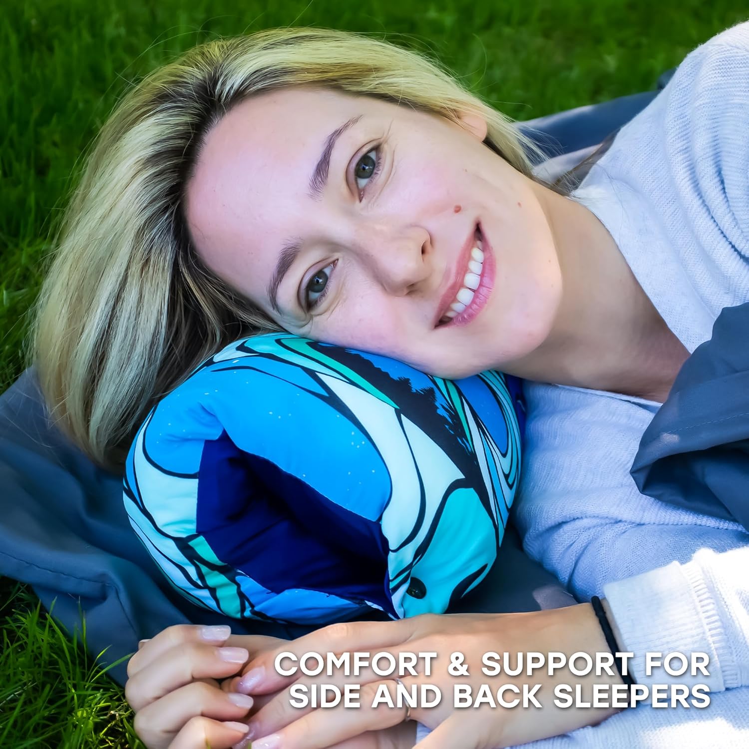 Almohada de espuma viscoelástica de viaje y campamento  Almohada de campamento con funda lavable a máquina  Almohada de viaje con bolsa + correa