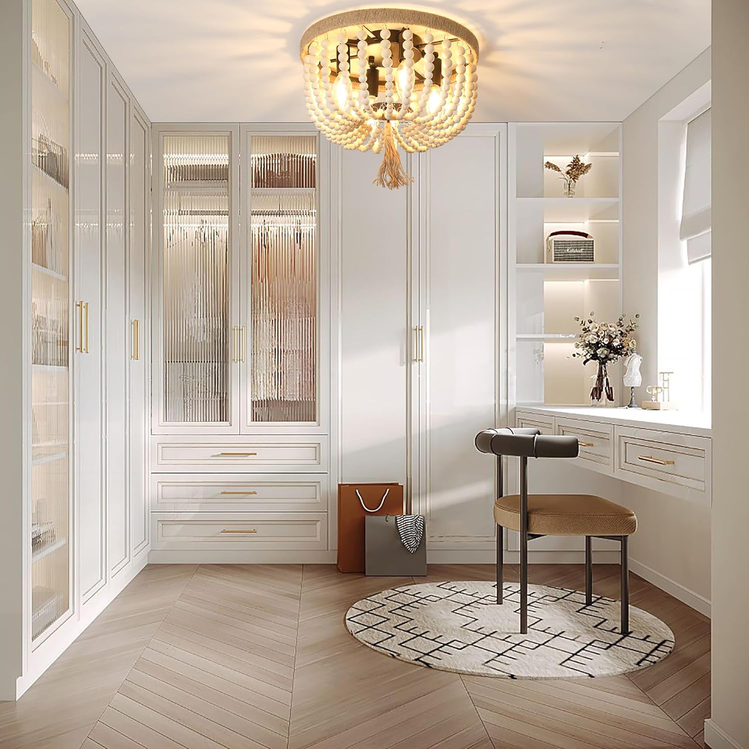 Lámpara de techo bohemia con cuentas de madera, 4 luces de roble blanco, estilo bohemio, para dormitorio, pasillo, entrada, cuarto de bebé, pasillo,