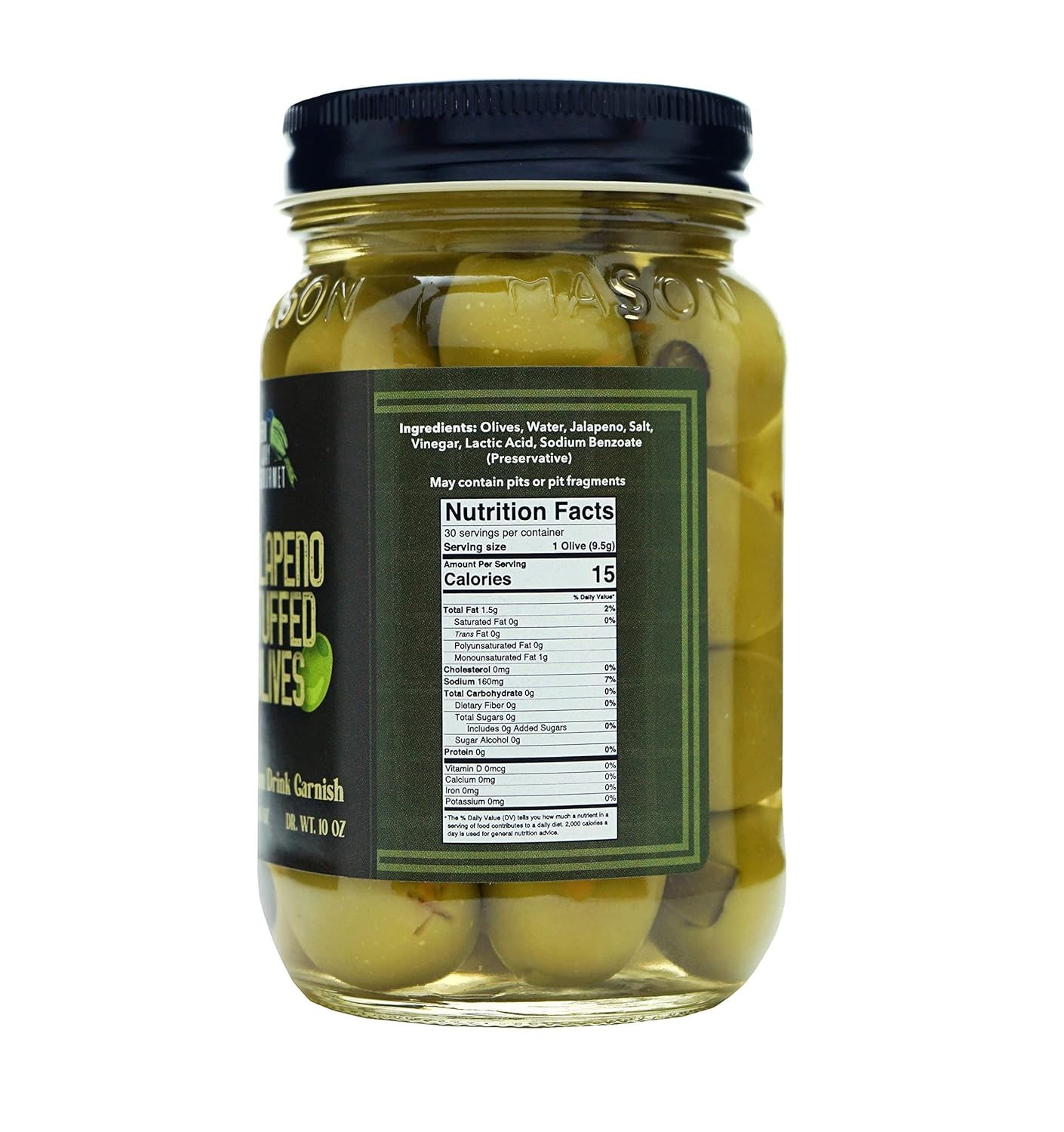 Green Jay Gourmet Aceitunas rellenas de jalapeño – Aceitunas verdes rellenas para recetas de guarnición de cóctel y tabla de queso – Aceitunas de