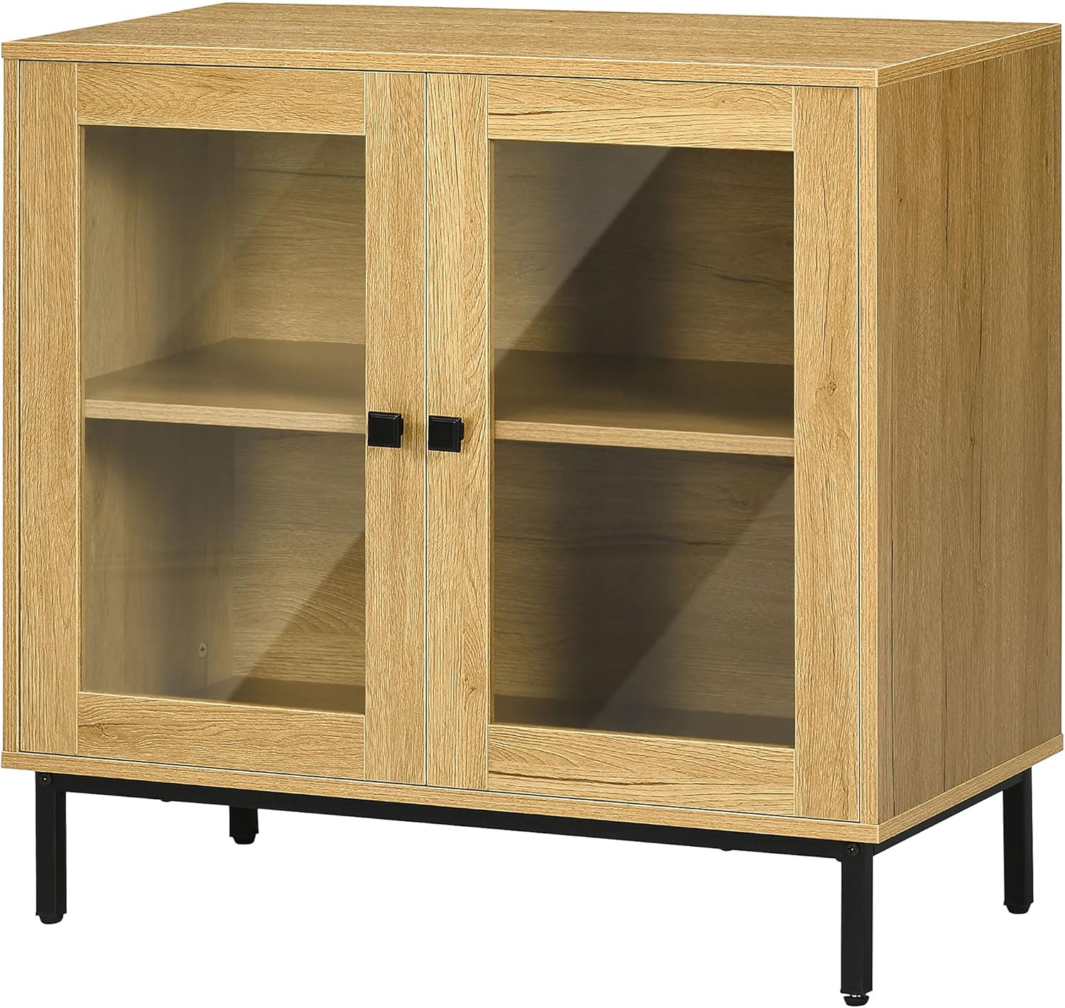 HOMCOM Aparador de buffet, armario de almacenamiento de cocina con puertas de vidrio dobles, bisagras de cierre suave y patas de metal, roble