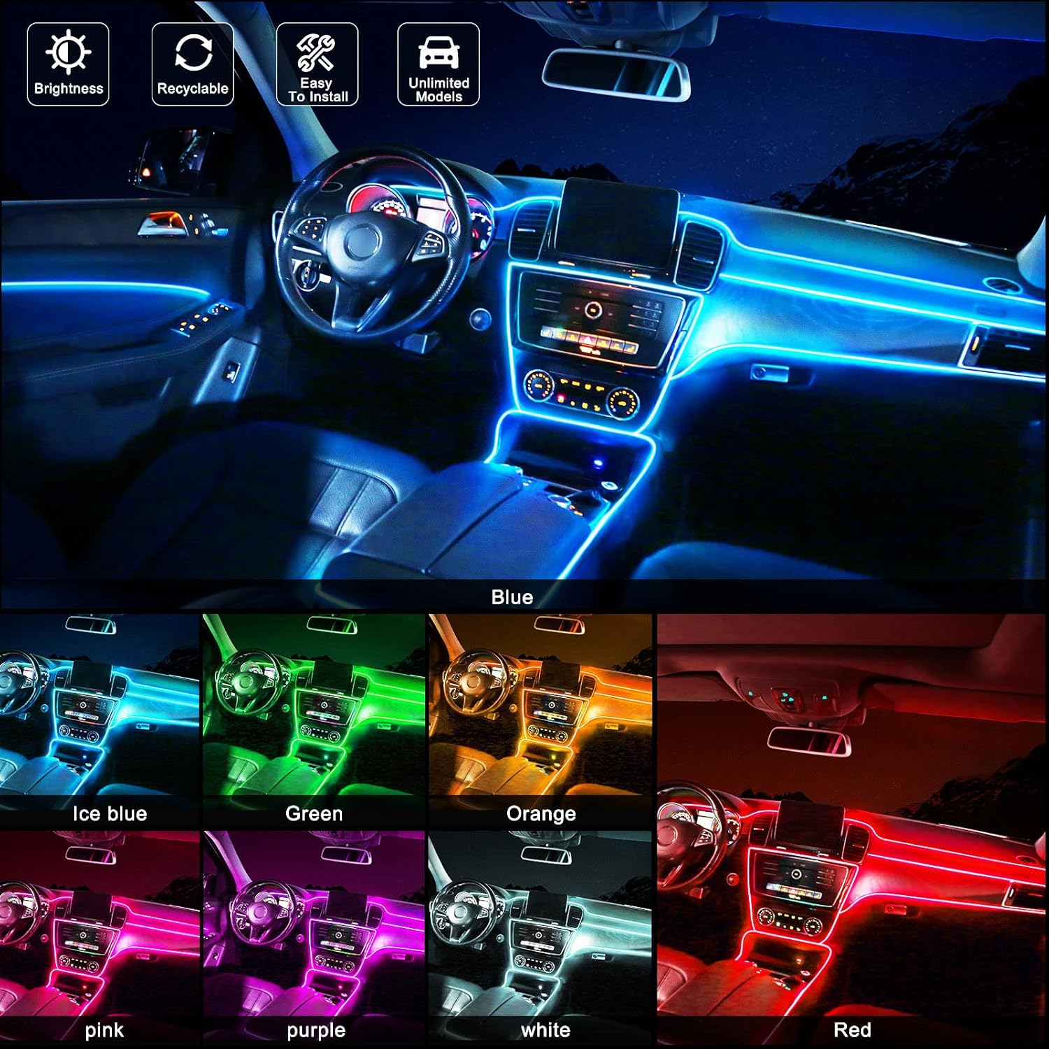 EL Wire Interior Car LED Strip Lights, FICOLPO 5 in 1 23FT USB Auto Neon Wire Lights with 6mm Sewing Edge- Glowing Electroluminescent Wire, Ambient