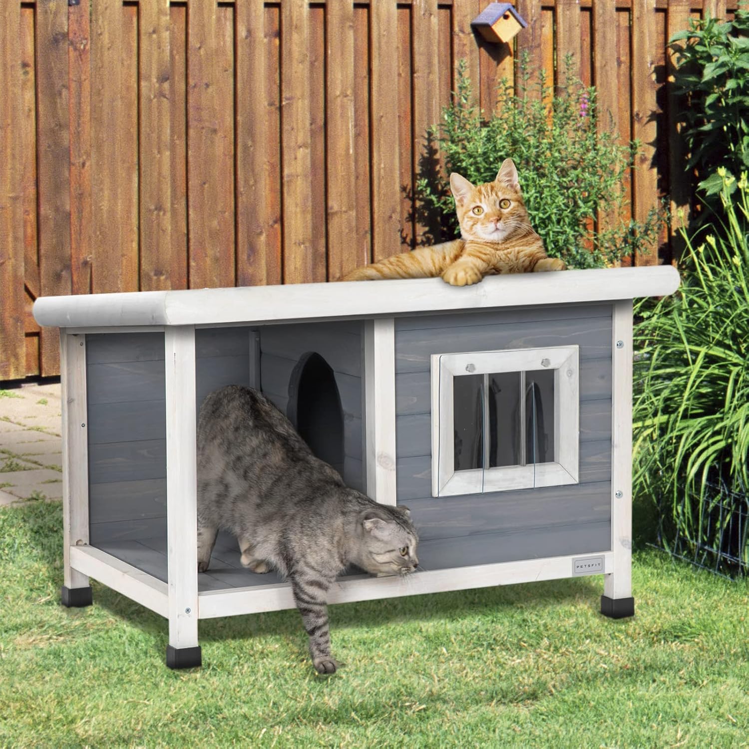 Petsfit Casa de perro al aire libre de 33.6 pulgadas para perros pequeños, casa de madera resistente a la intemperie con porche