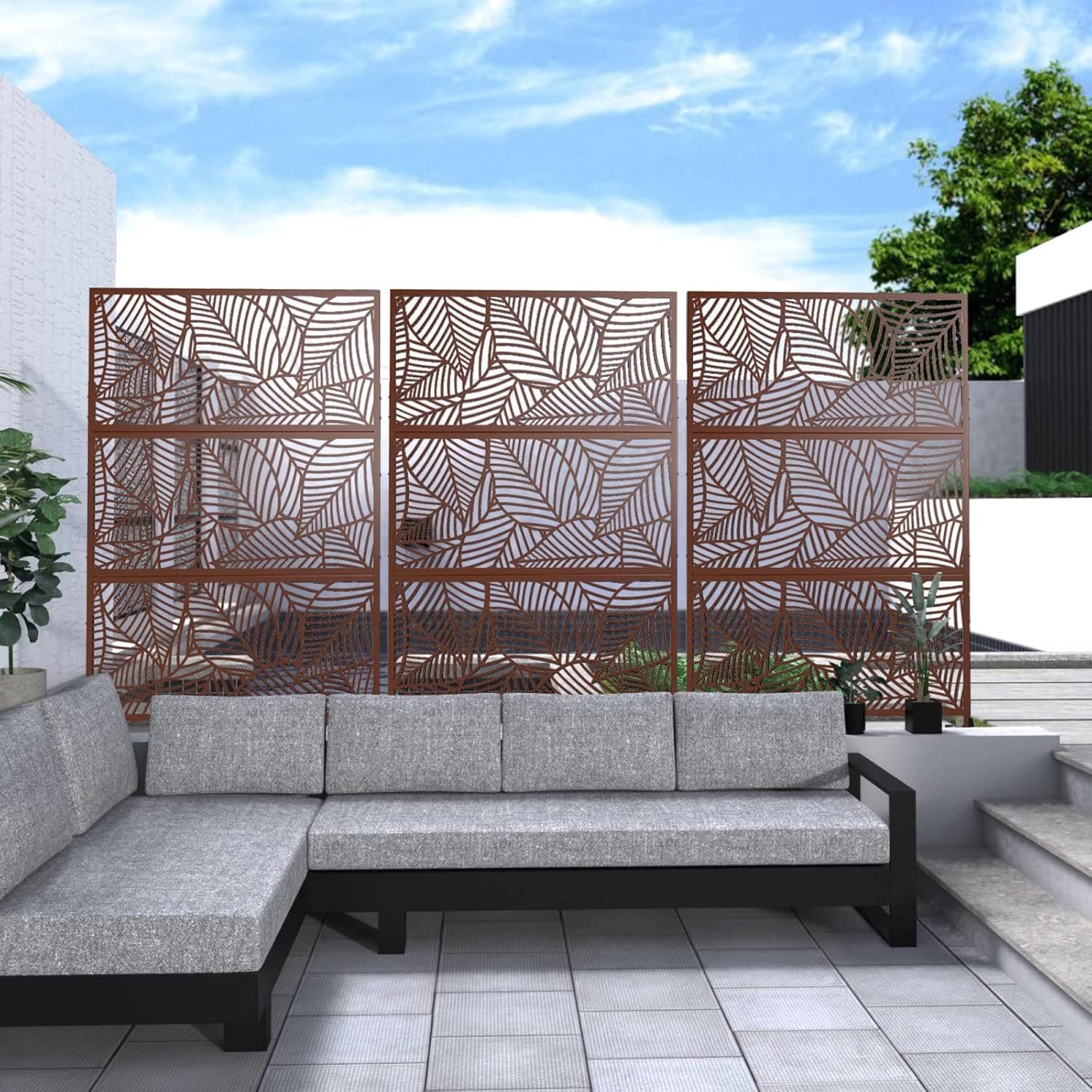 Elevens Pantalla de privacidad para patio, pantalla de privacidad al aire libre con soporte, pantalla de privacidad de metal decorativo de pie para