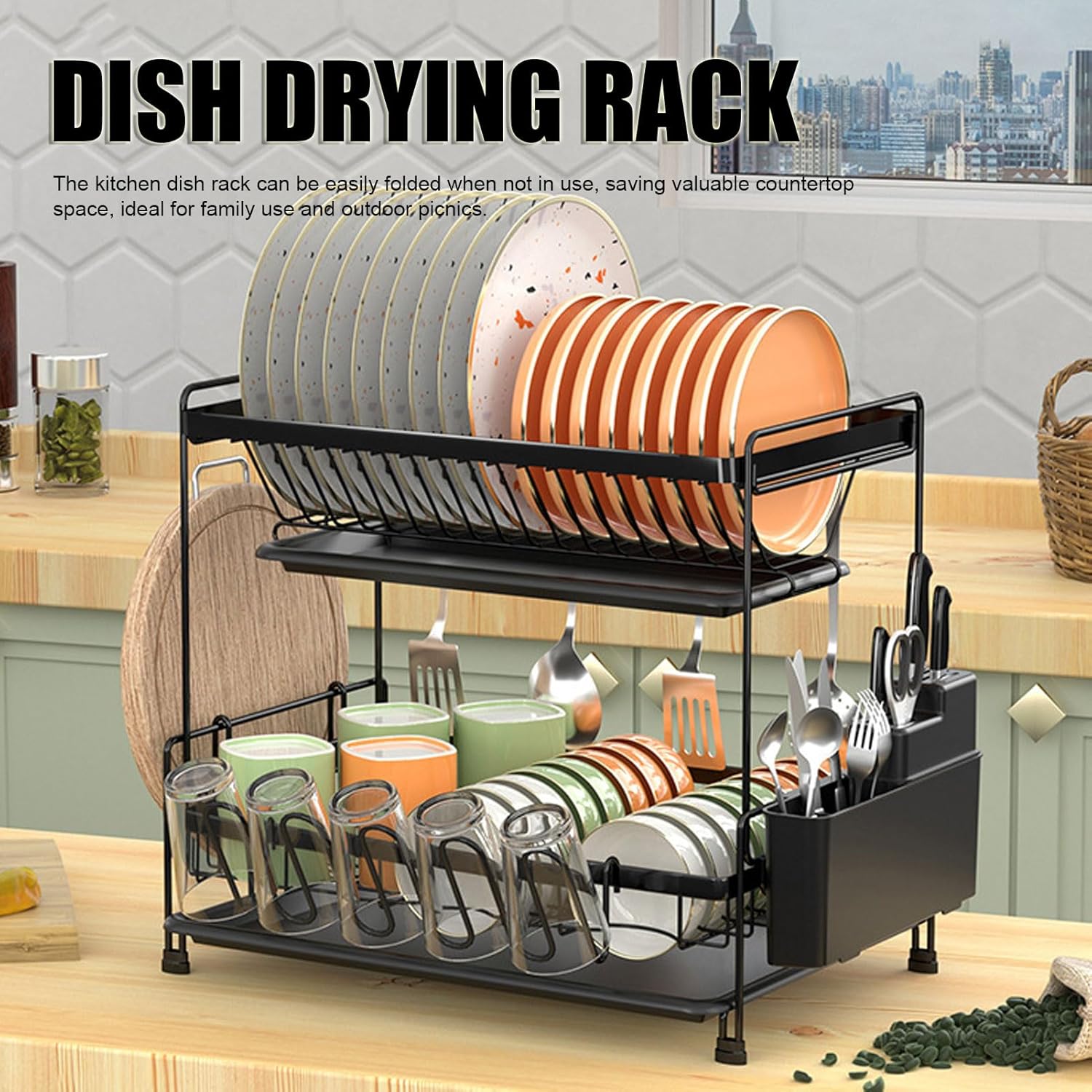 Dish Drying Rack and Drainboard Set, 2 Tier Large Dish Rack, Stainless Steel Dish Drainer for Kitchen Counter with Wine Glass Holder, Counter Plate