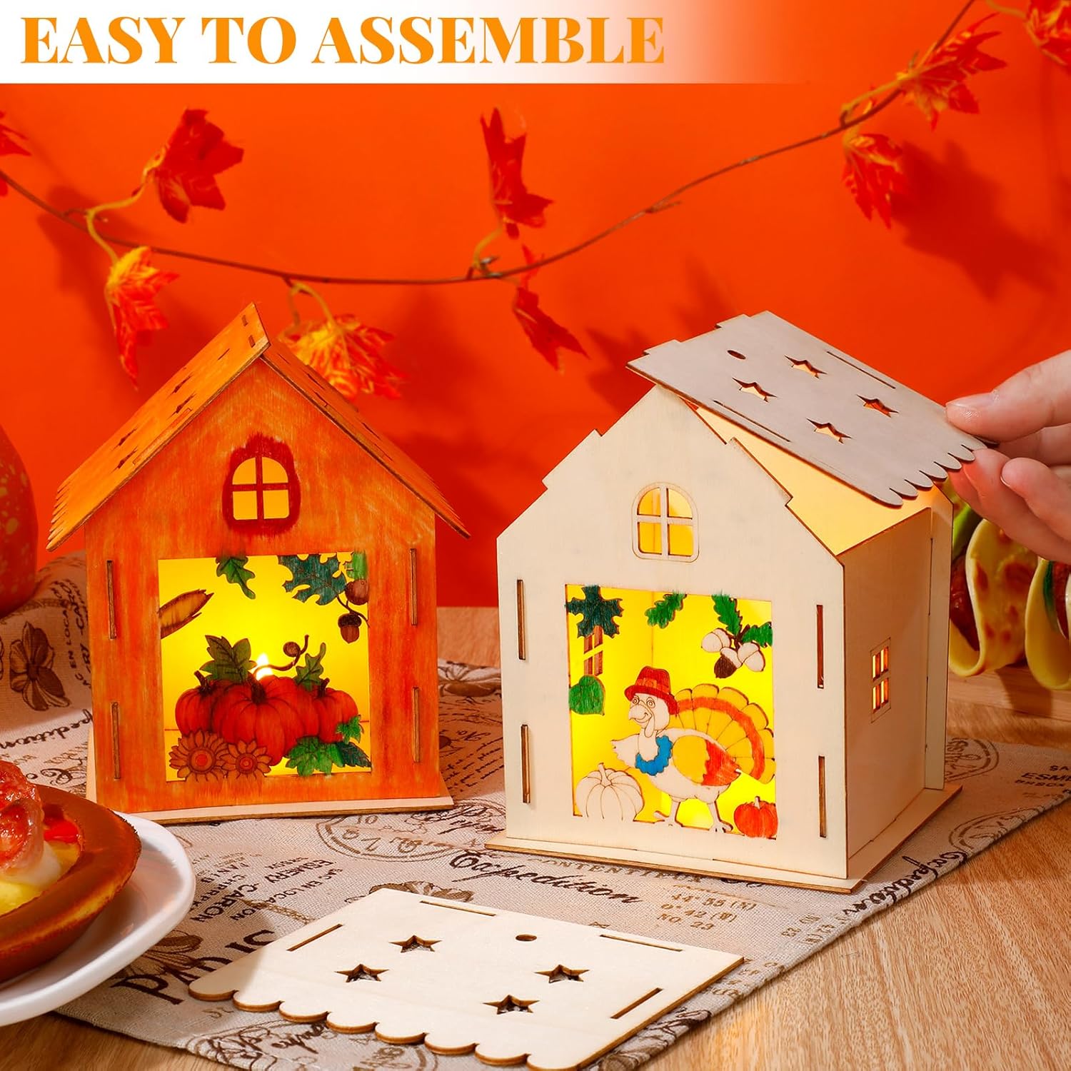Soaoo 9 juegos de casas de madera de Acción de Gracias para manualidades con 12 bolígrafos de acuarela y 9 piezas de velas de té a batería, kits de