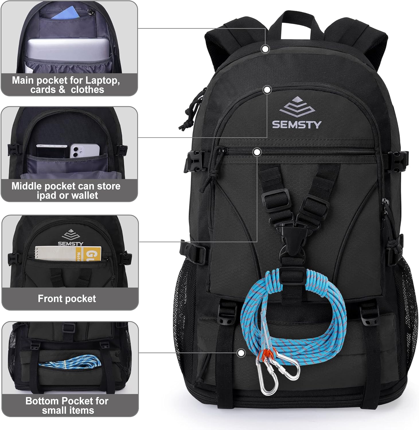 SEMSTY Mochila de senderismo, 30L40L50L, mochila de senderismo expandible para hombres y mujeres, mochila de viaje aprobada para vuelos