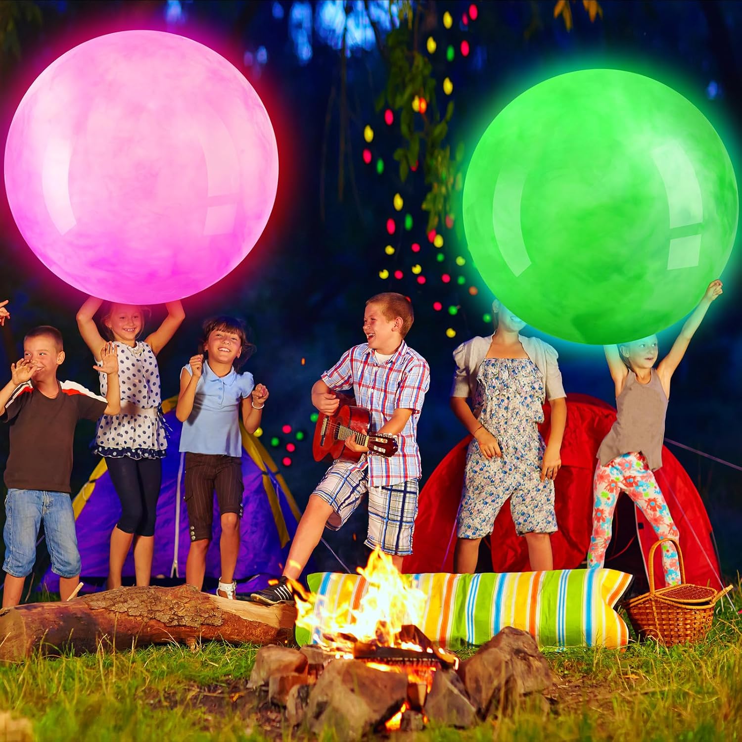 Jenaai 2 bolas inflables de 27 pulgadas que brillan en la oscuridad para niños, pelota de playa con luz LED, bolas inflables grandes y gigantes para