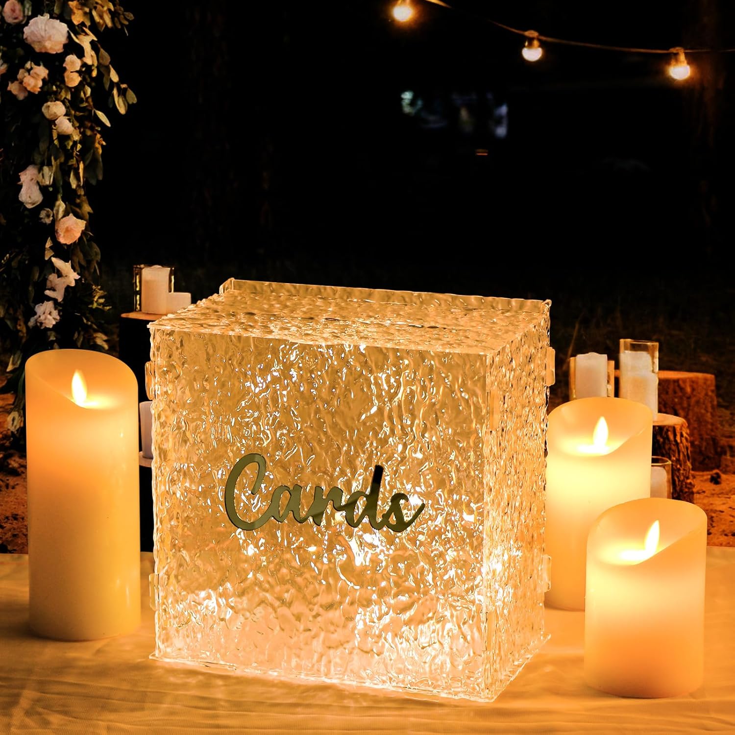 OurWarm Caja de tarjetas de boda de acrílico con cadena de luz, caja de tarjeta de regalo grande para recepción de boda, ondulación de agua, sobre
