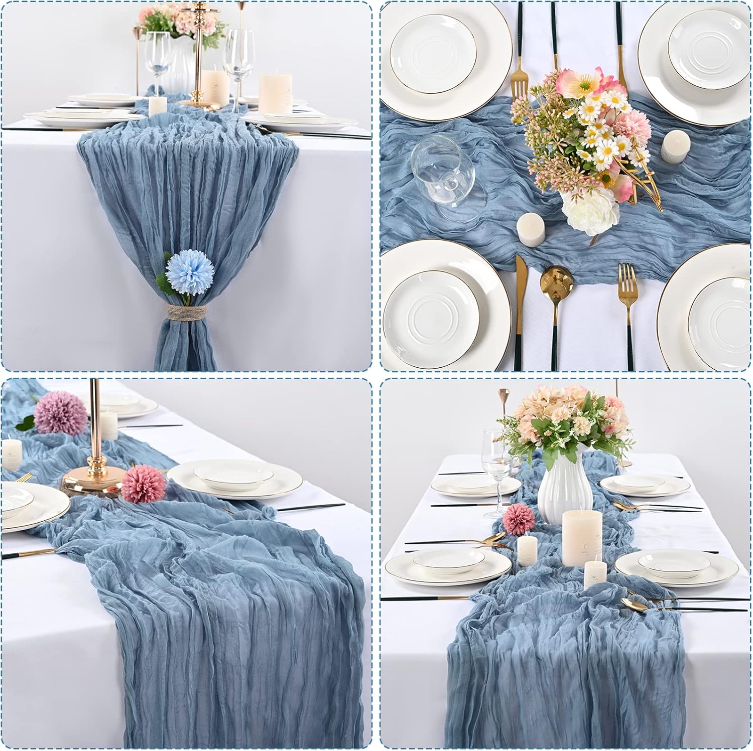 6 piezas de camino de mesa de gasa azul polvoriento de 10 pies, camino de mesa de gasa para boda, recepción, despedida de soltera, fiesta de