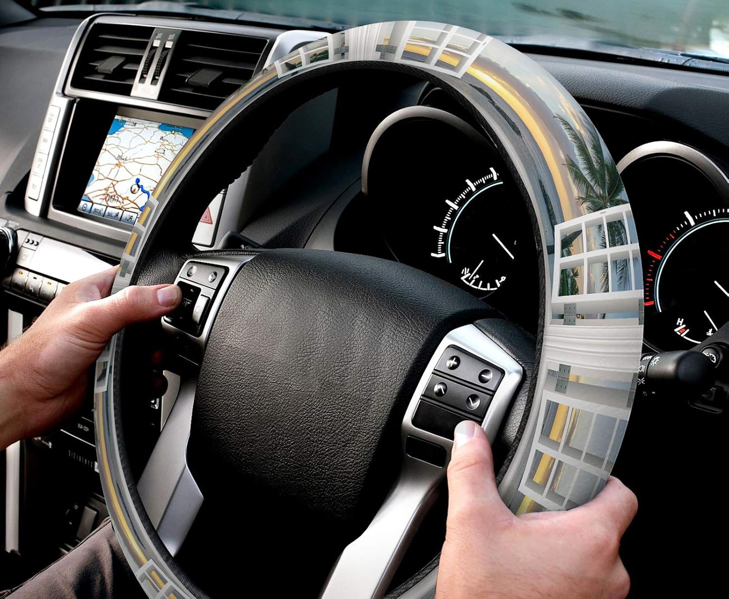 Funda para volante de automóvil, puesta de sol de playa a través de ventanas de madera blanca, esponja elástica elástica para volantes, cubierta