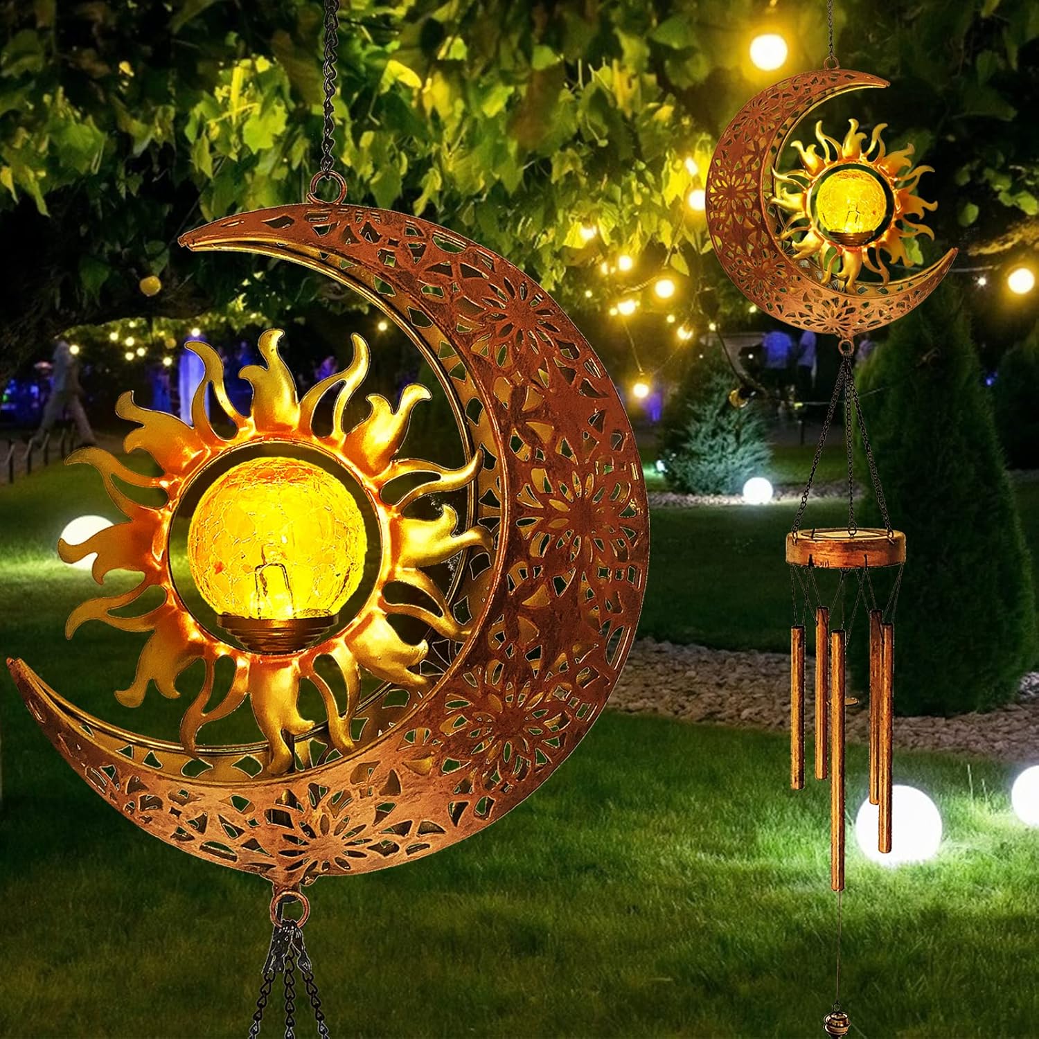 Campanillas de viento solares, para exteriores, jardín, decorativo, con bola agrietada, impermeable, de metal, LED, para colgar (luna y sol)